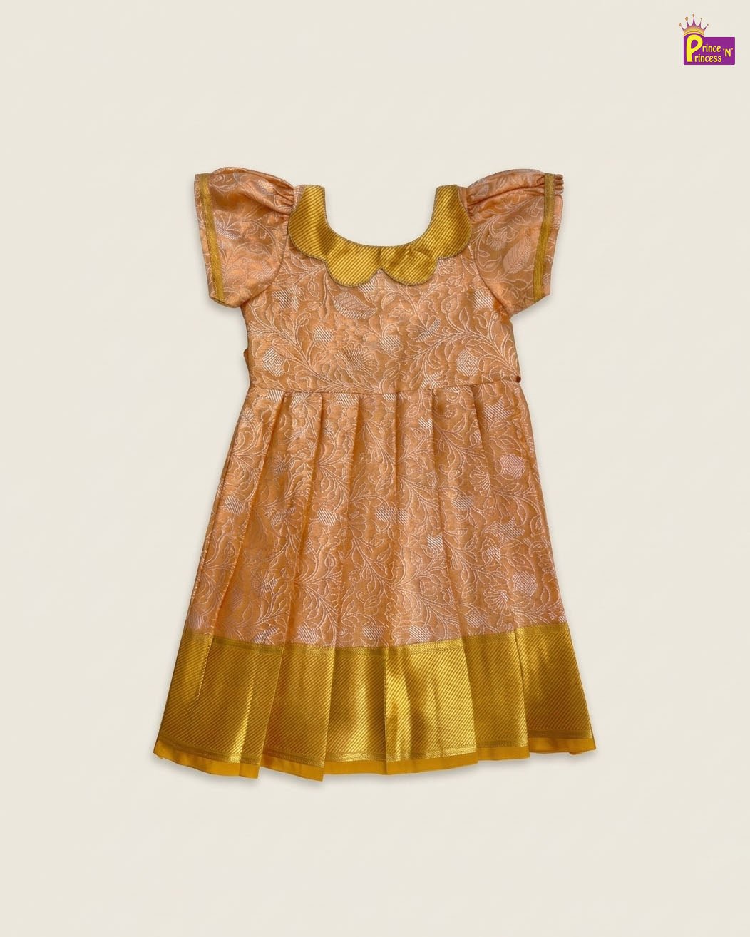 Kids Raw Silk Traditional Long Gown Orange with Golden PG686 - Prince N Princess