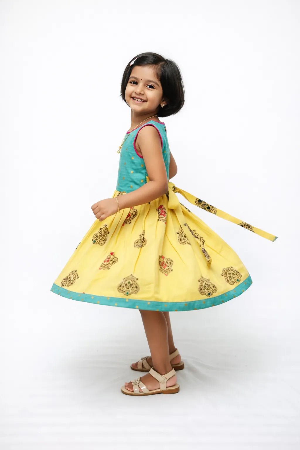 Kids Raw Silk Traditional Long Gown Rama Green with Yellow PG270 - Prince N Princess