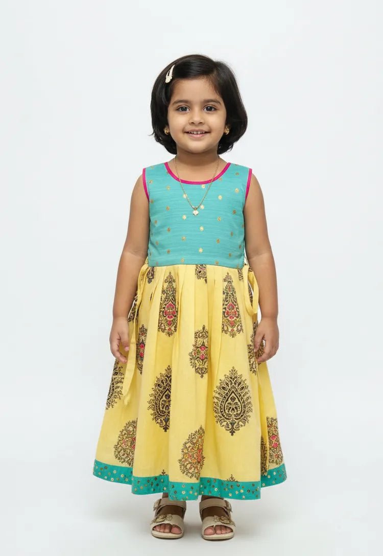 Kids Raw Silk Traditional Long Gown Rama Green with Yellow PG270 - Prince N Princess