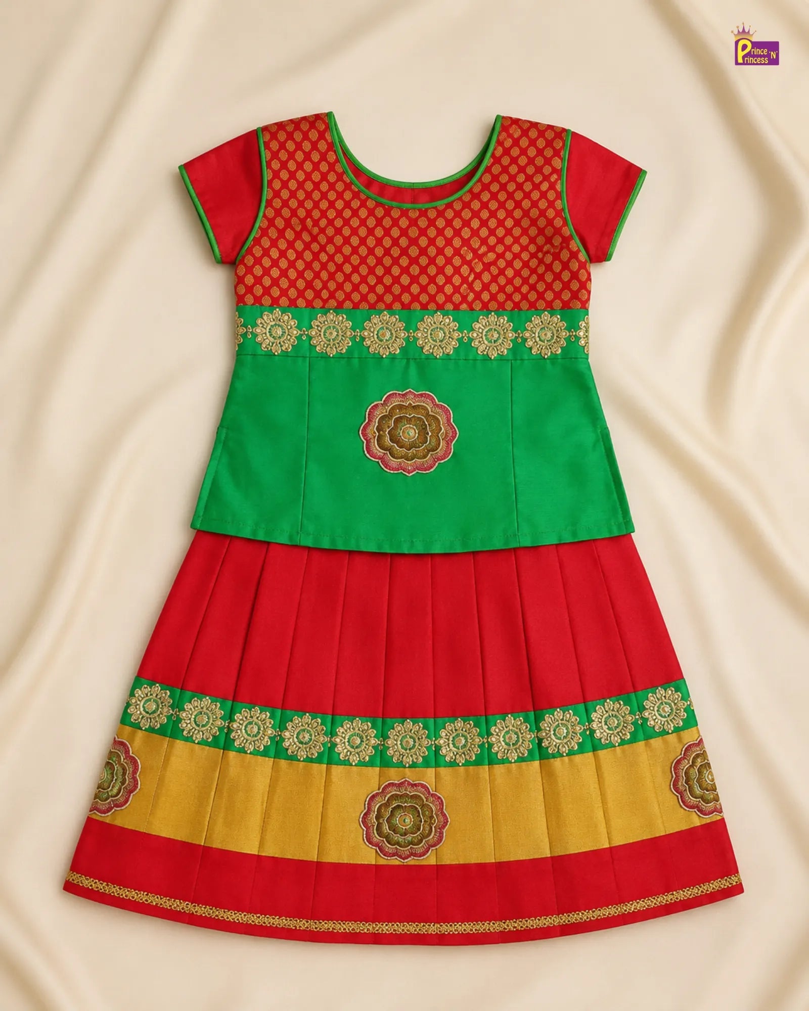 Kids Raw Silk Traditional Pattu Pavadai in Green with Red PPP2003 for kids festival wear
