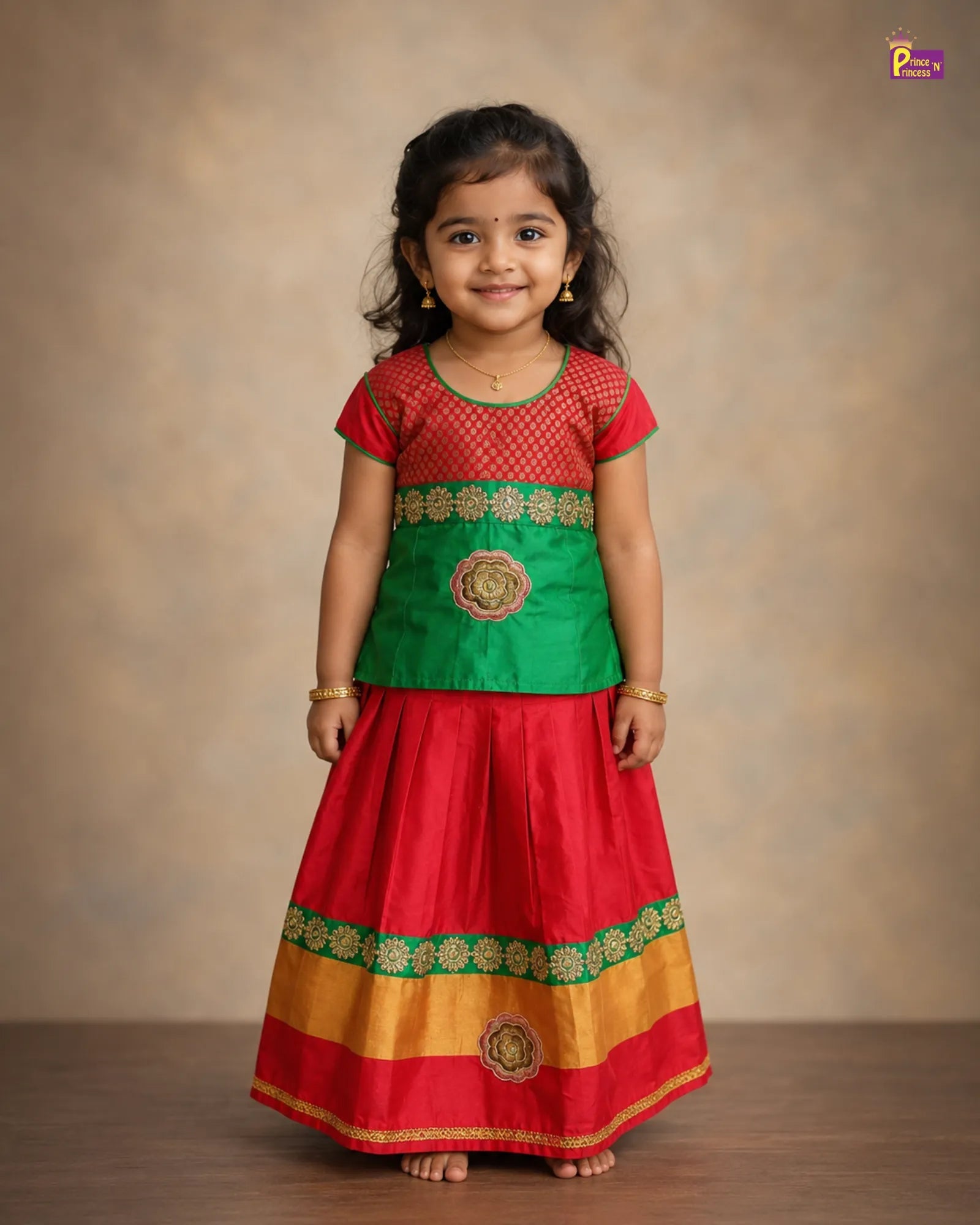 Kids Raw Silk Traditional Pattu Pavadai in Green with Red PPP2003 for kids festival wear