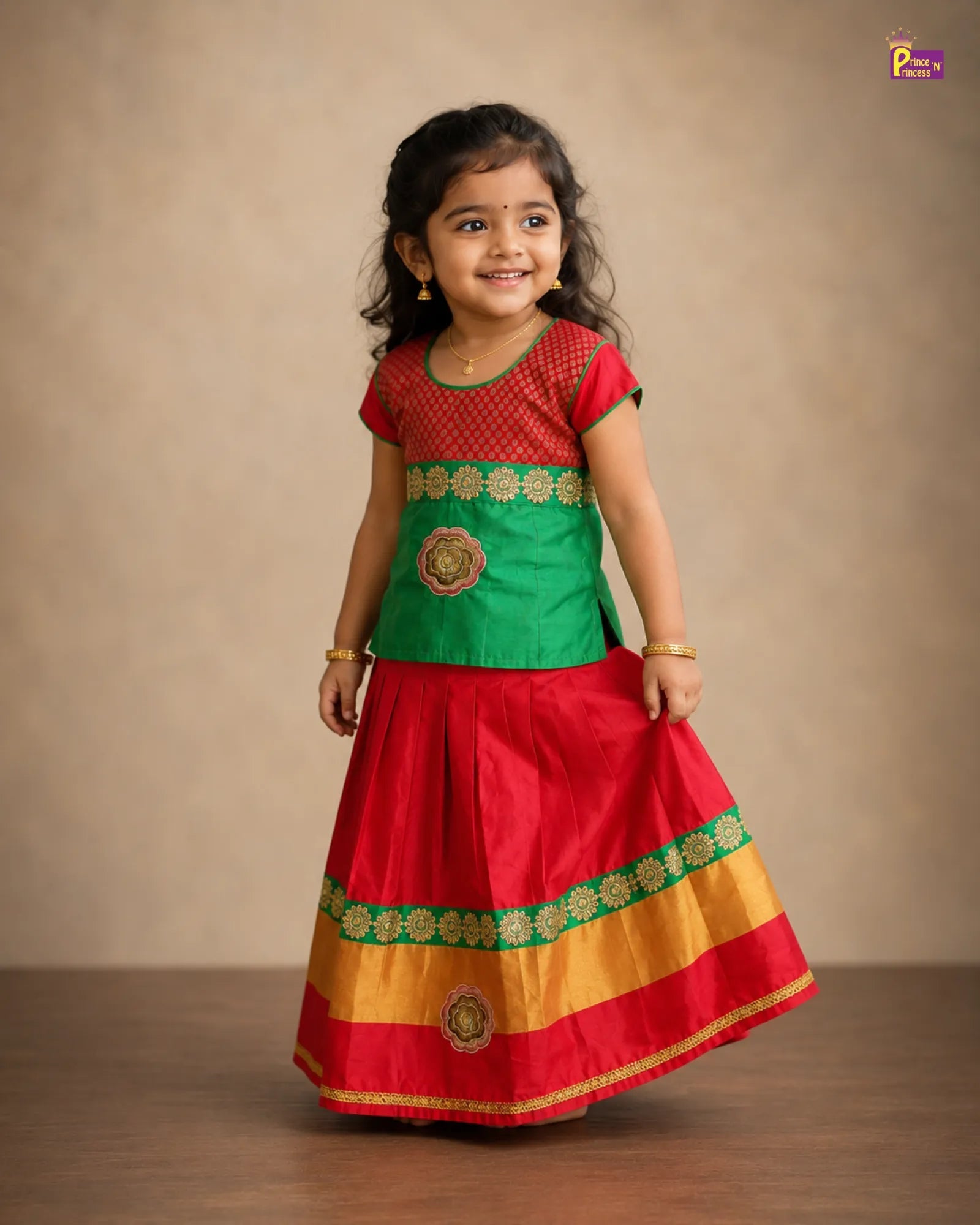 Kids Raw Silk Traditional Pattu Pavadai in Green with Red PPP2003 for kids festival wear