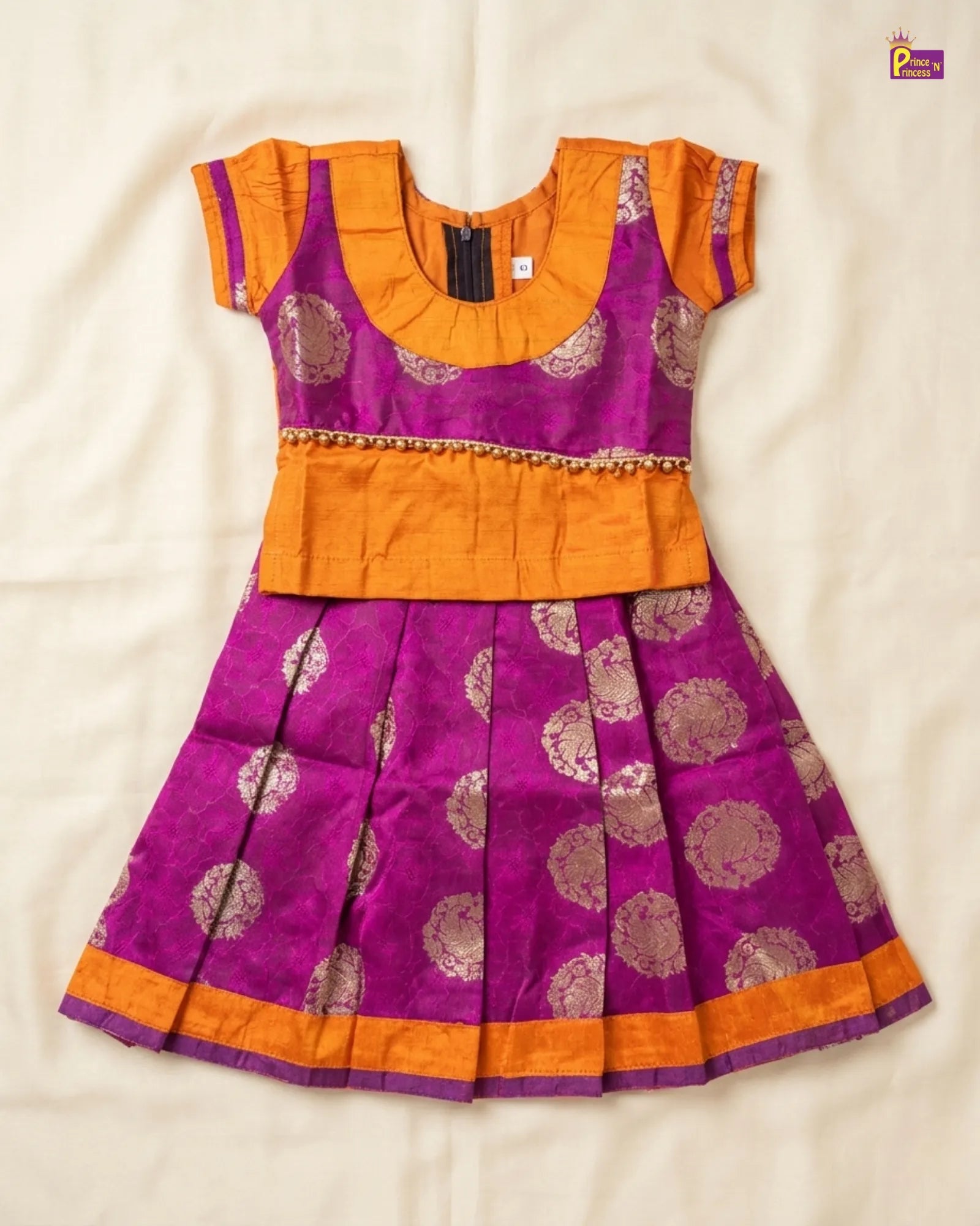 Kids Raw Silk Traditional Pattu Pavadai in Orange with Pink PPP2068 for kids festival wear