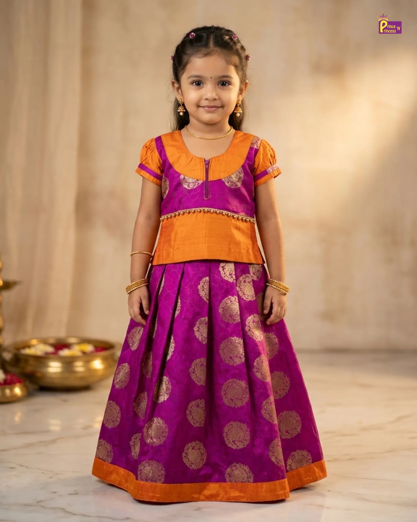 Kids Raw Silk Traditional Pattu Pavadai in Orange with Pink PPP2068 for kids festival wear
