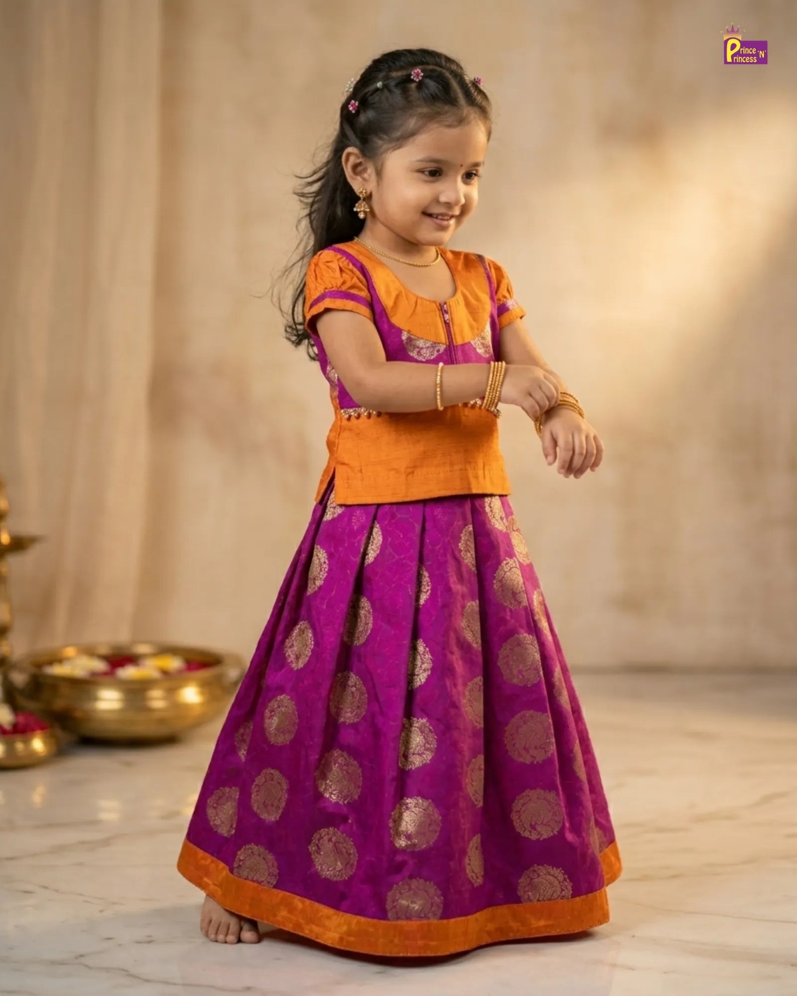 Kids Raw Silk Traditional Pattu Pavadai in Orange with Pink PPP2068 for kids festival wear