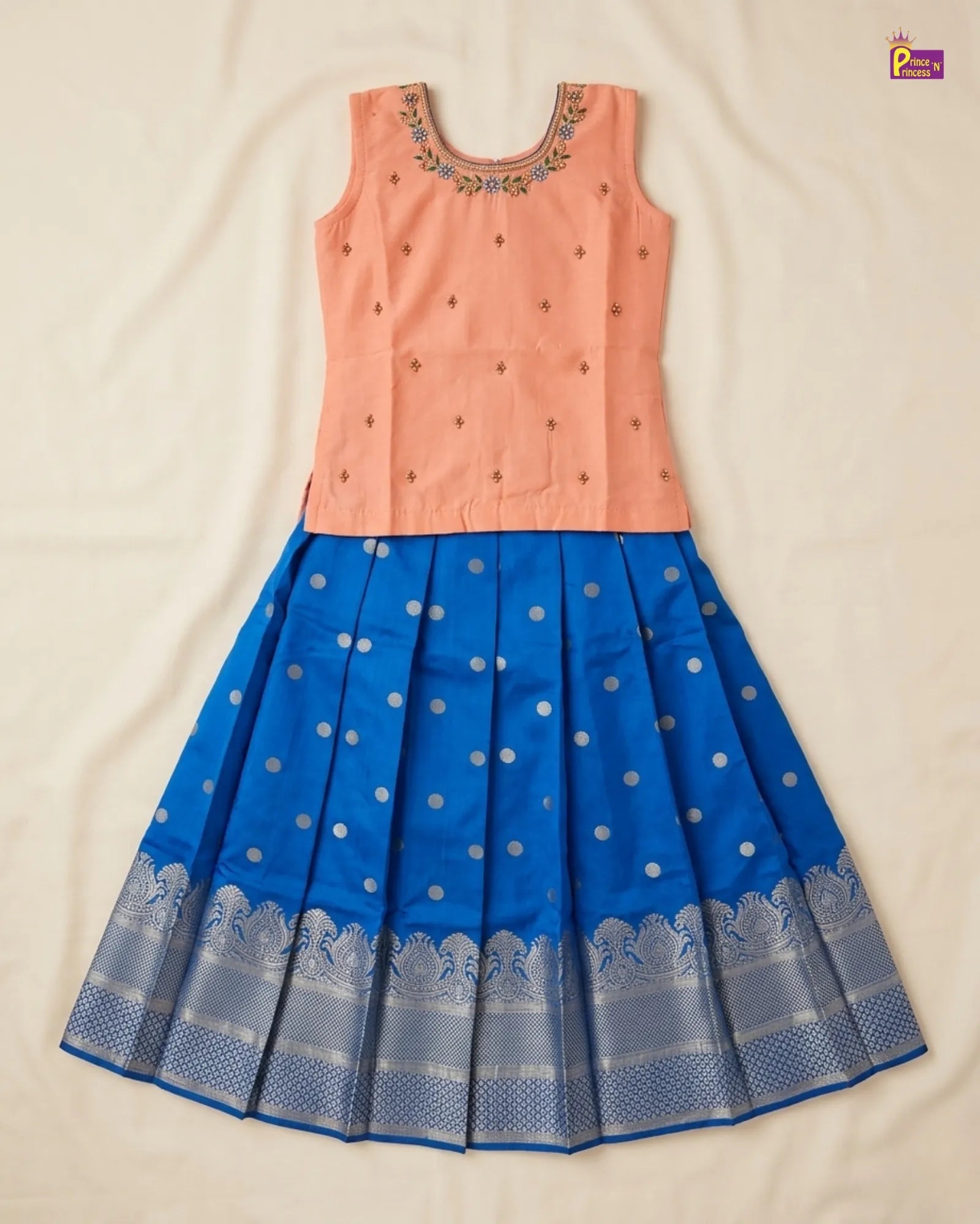 Kids Raw Silk Traditional Pattu Pavadai in Peach With Pepsi Blue PPP1847 for kids festival wear