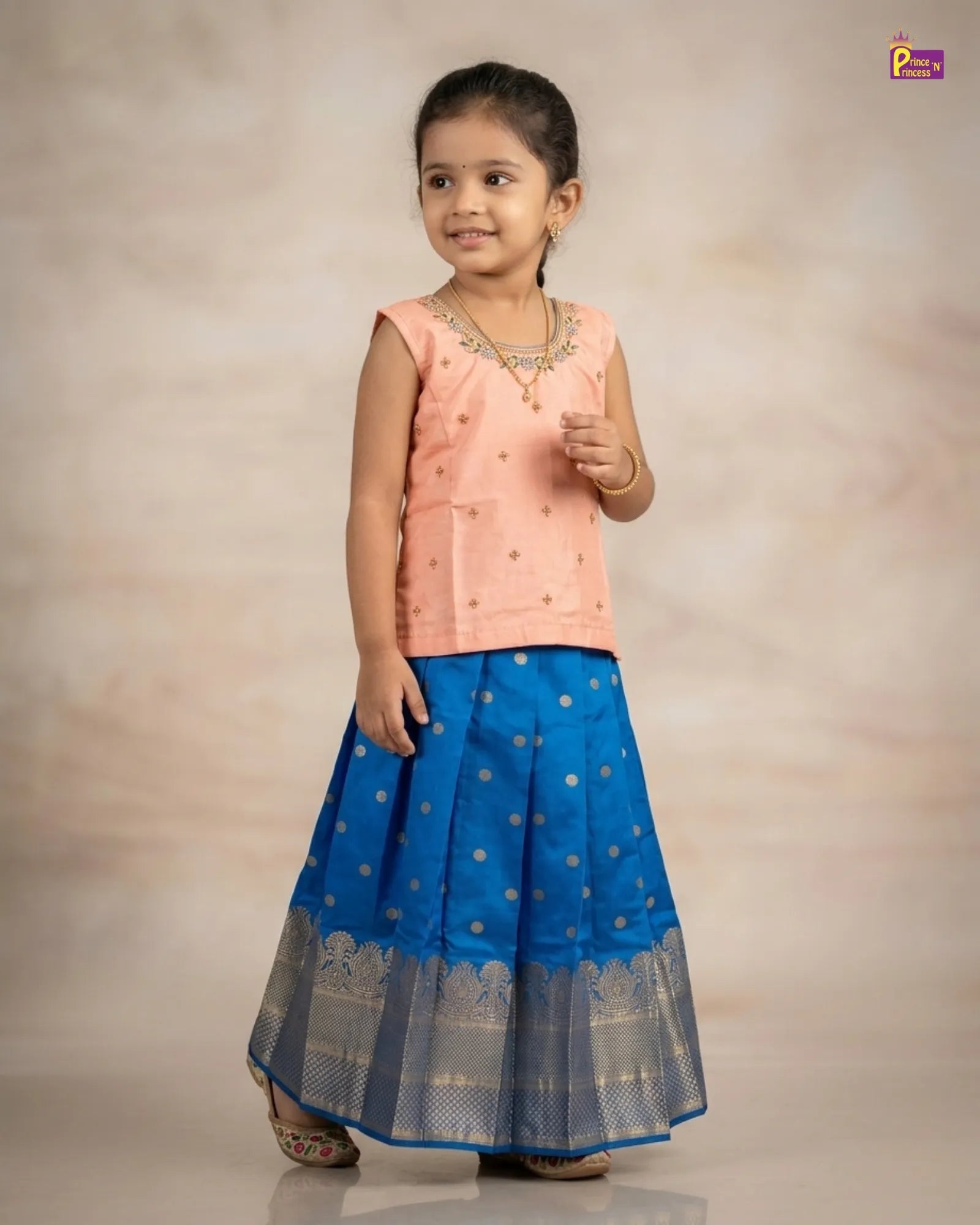 Kids Raw Silk Traditional Pattu Pavadai in Peach With Pepsi Blue PPP1847 for kids festival wear