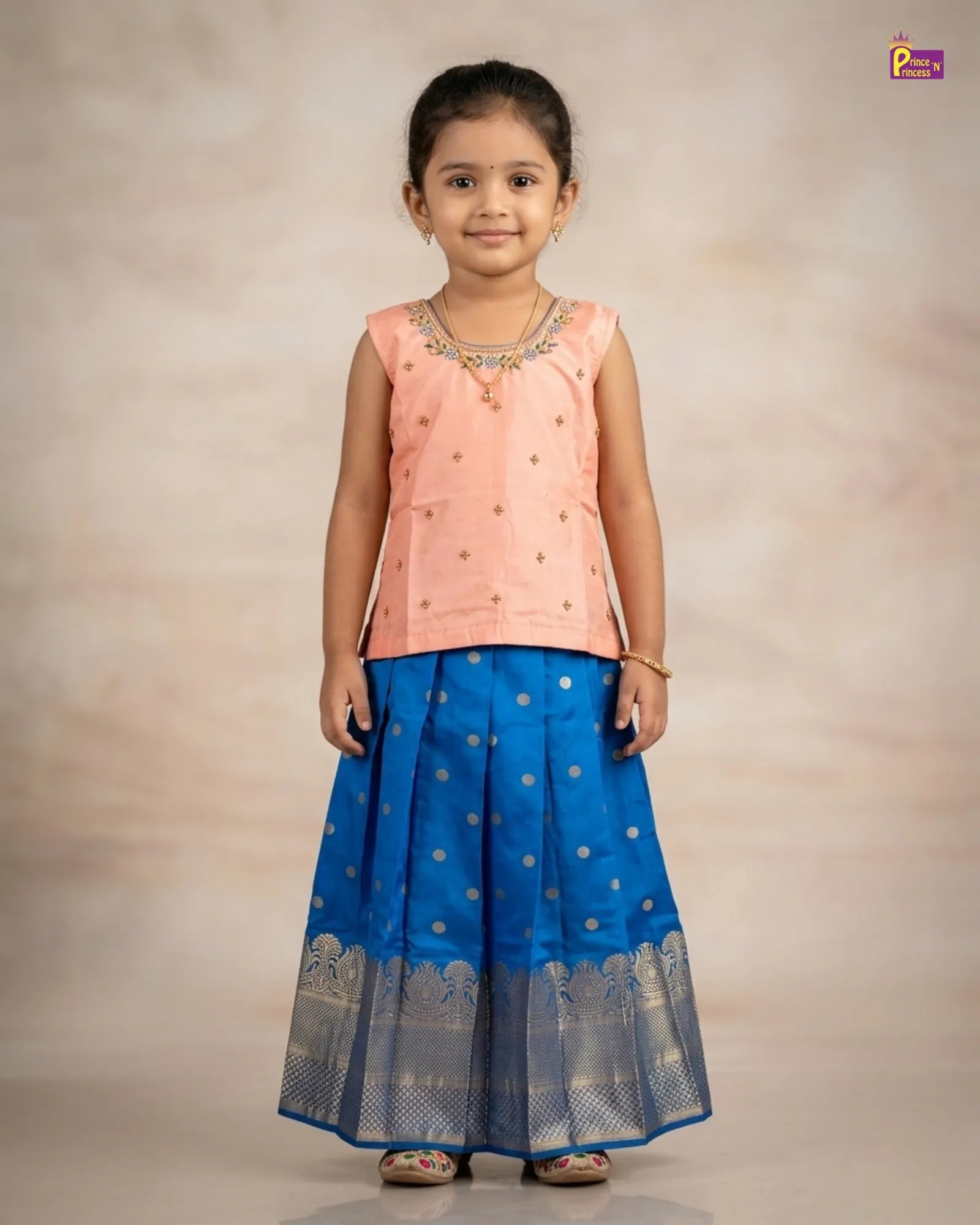 Kids Raw Silk Traditional Pattu Pavadai in Peach With Pepsi Blue PPP1847 for kids festival wear