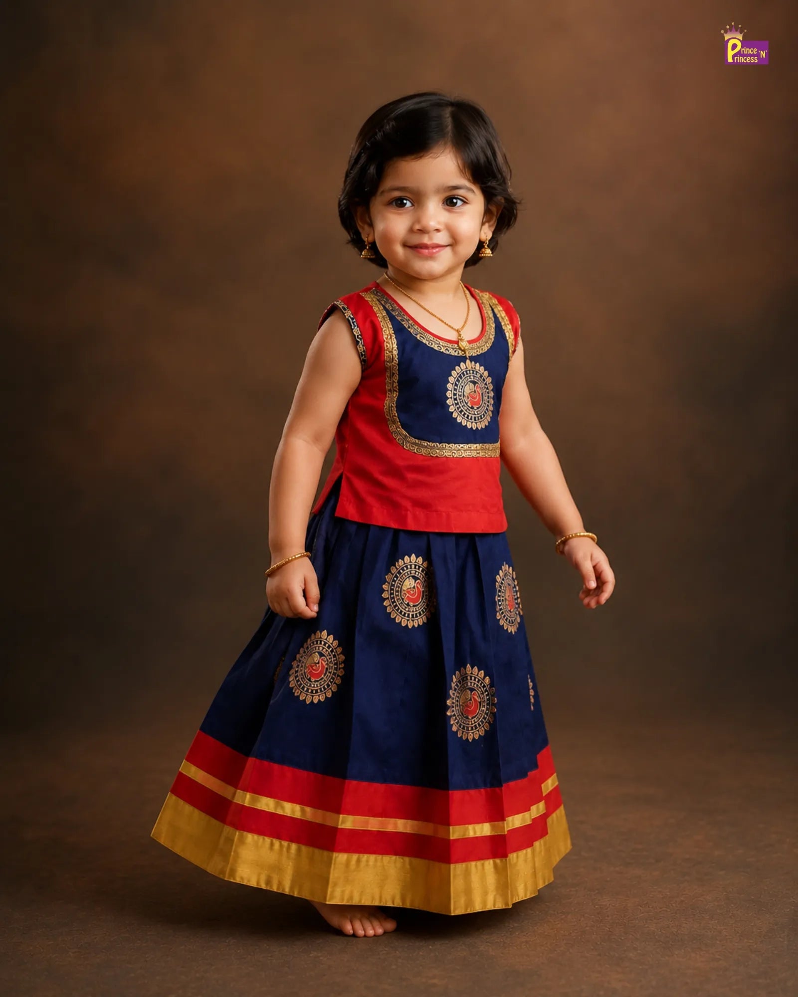 Kids Raw Silk Traditional Pattu Pavadai in Red with Navy PPP2069 for kids festival wear