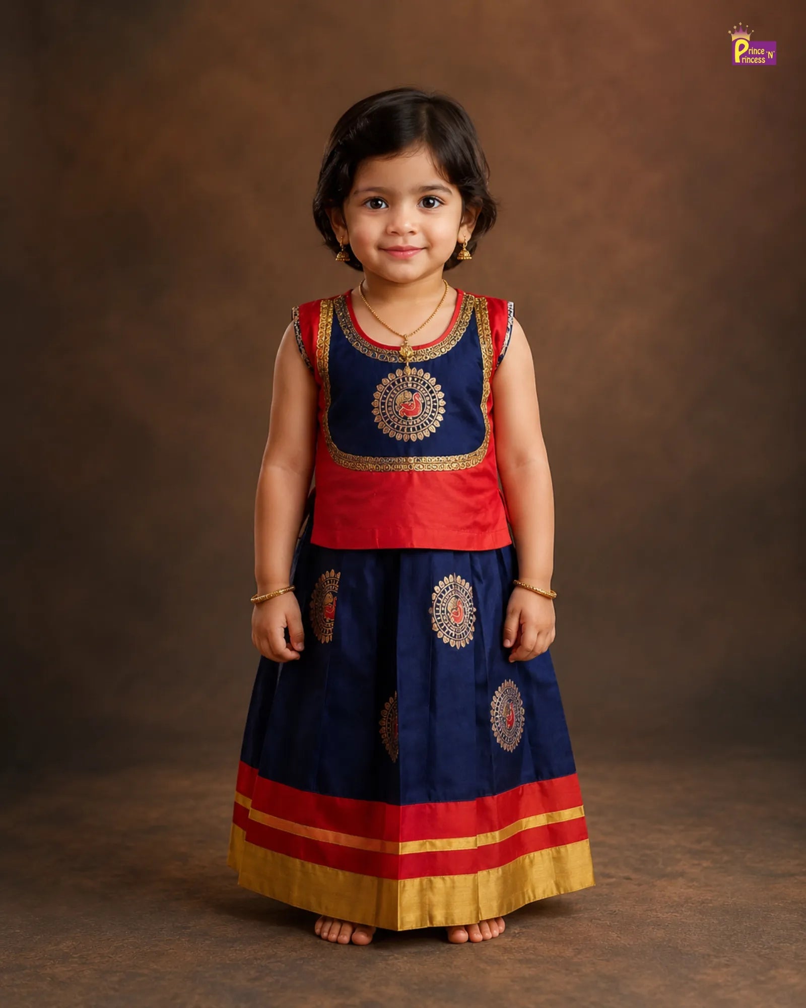 Kids Raw Silk Traditional Pattu Pavadai in Red with Navy PPP2069 for kids festival wear