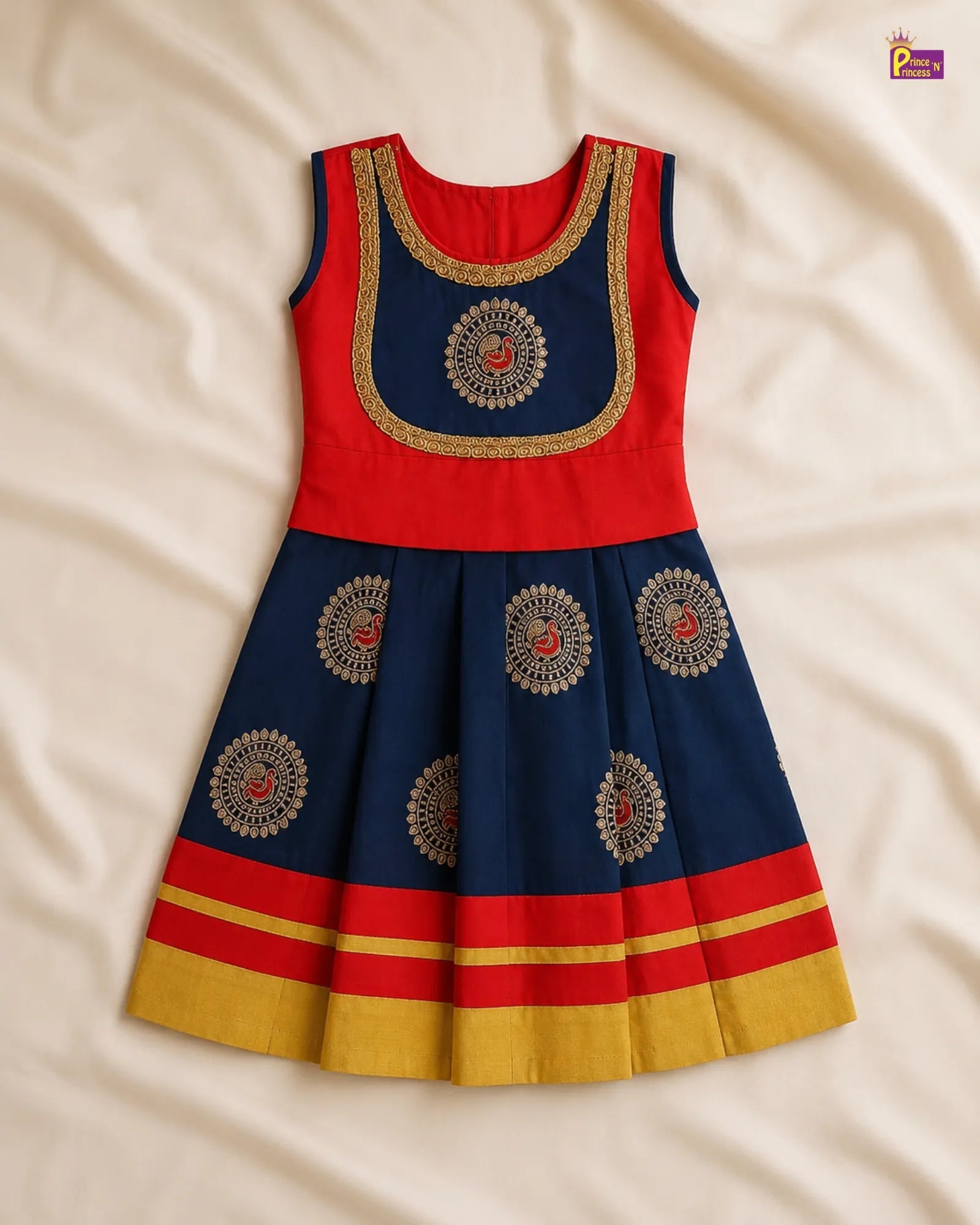Kids Raw Silk Traditional Pattu Pavadai in Red with Navy PPP2069 for kids festival wear