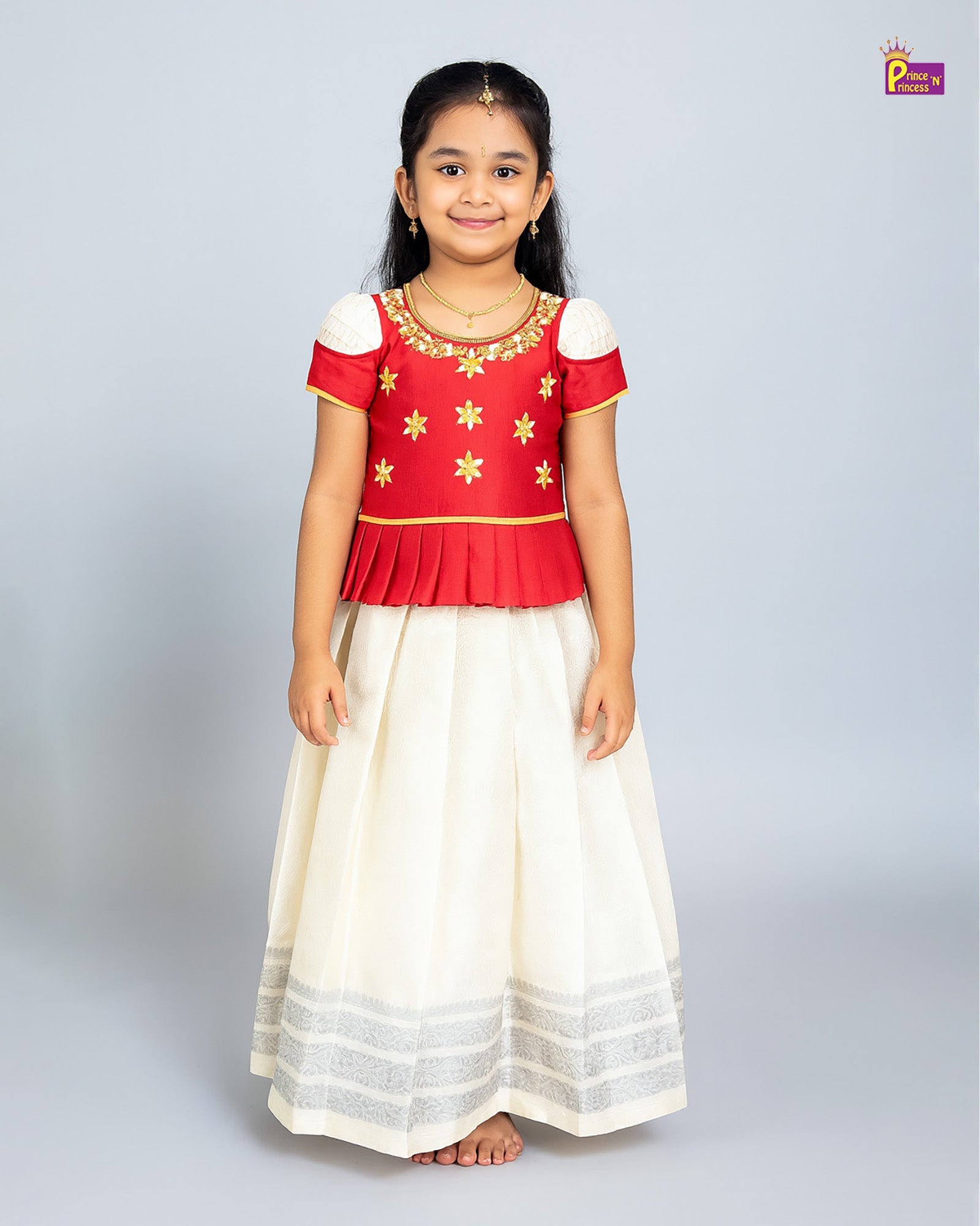 pattu pavadai red half white designer puff sleeve temple festival wear princenprincess
