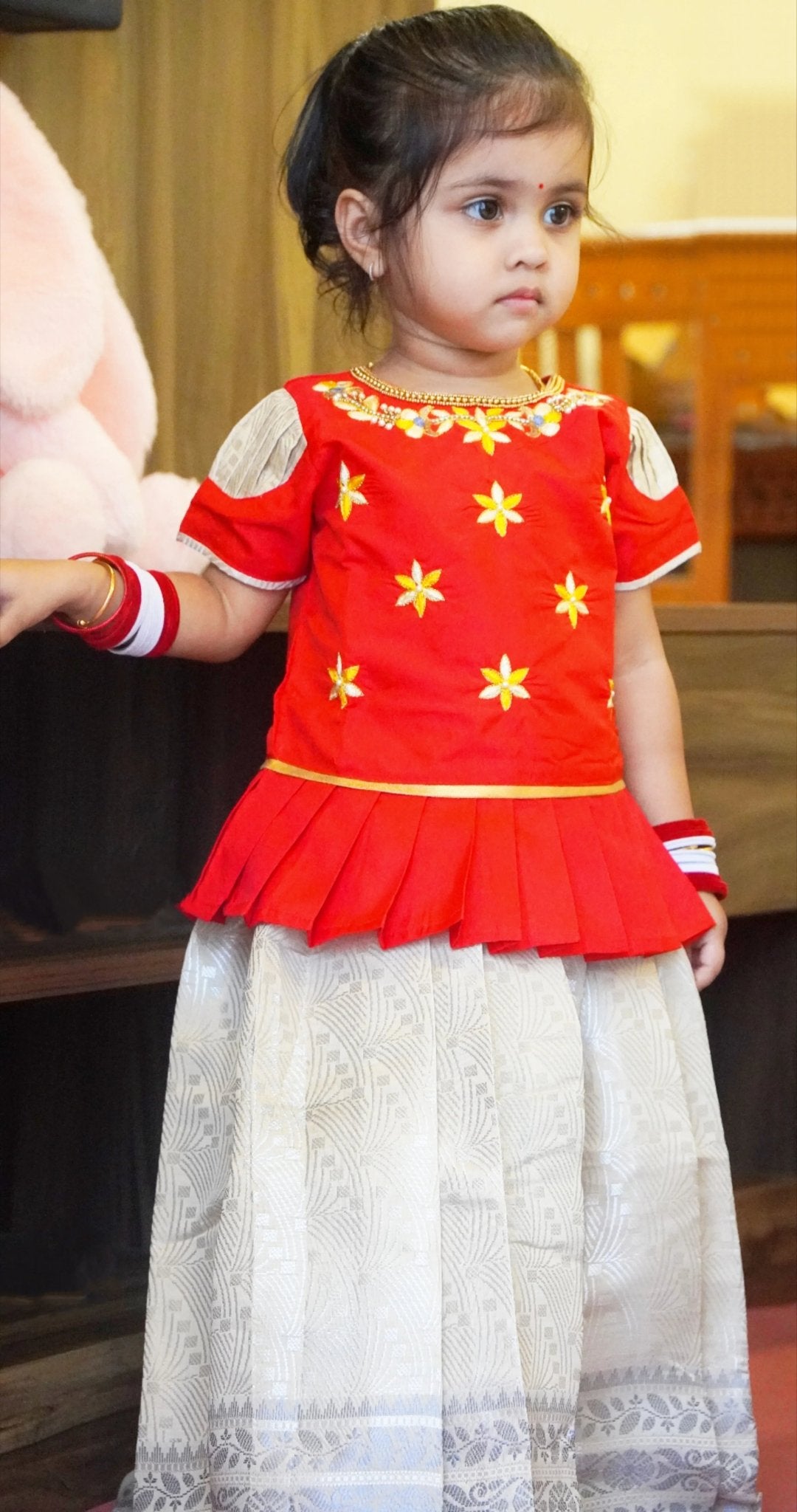 pattu pavadai red half white designer puff sleeve temple festival wear princenprincess