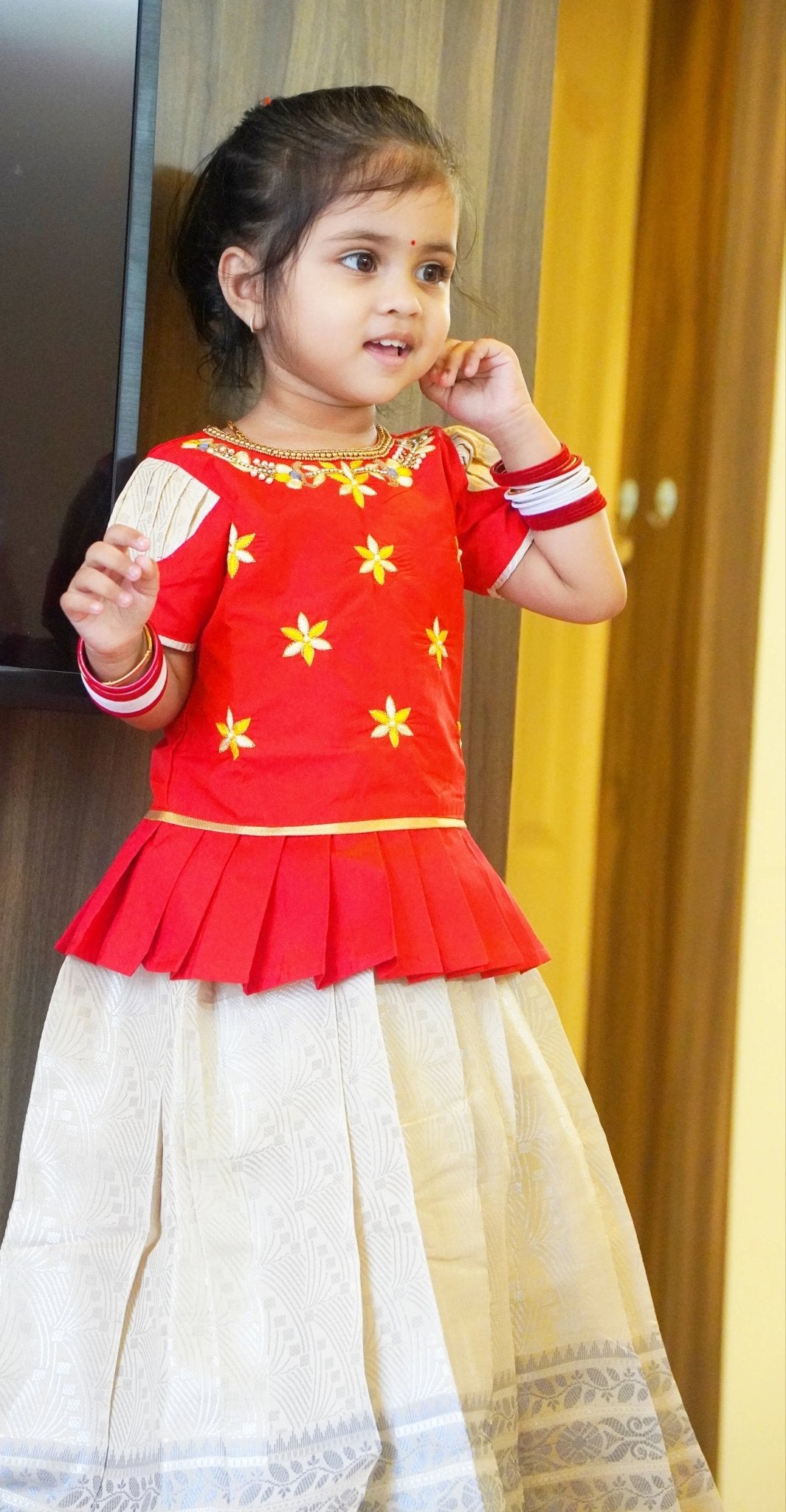 pattu pavadai red half white designer puff sleeve temple festival wear princenprincess