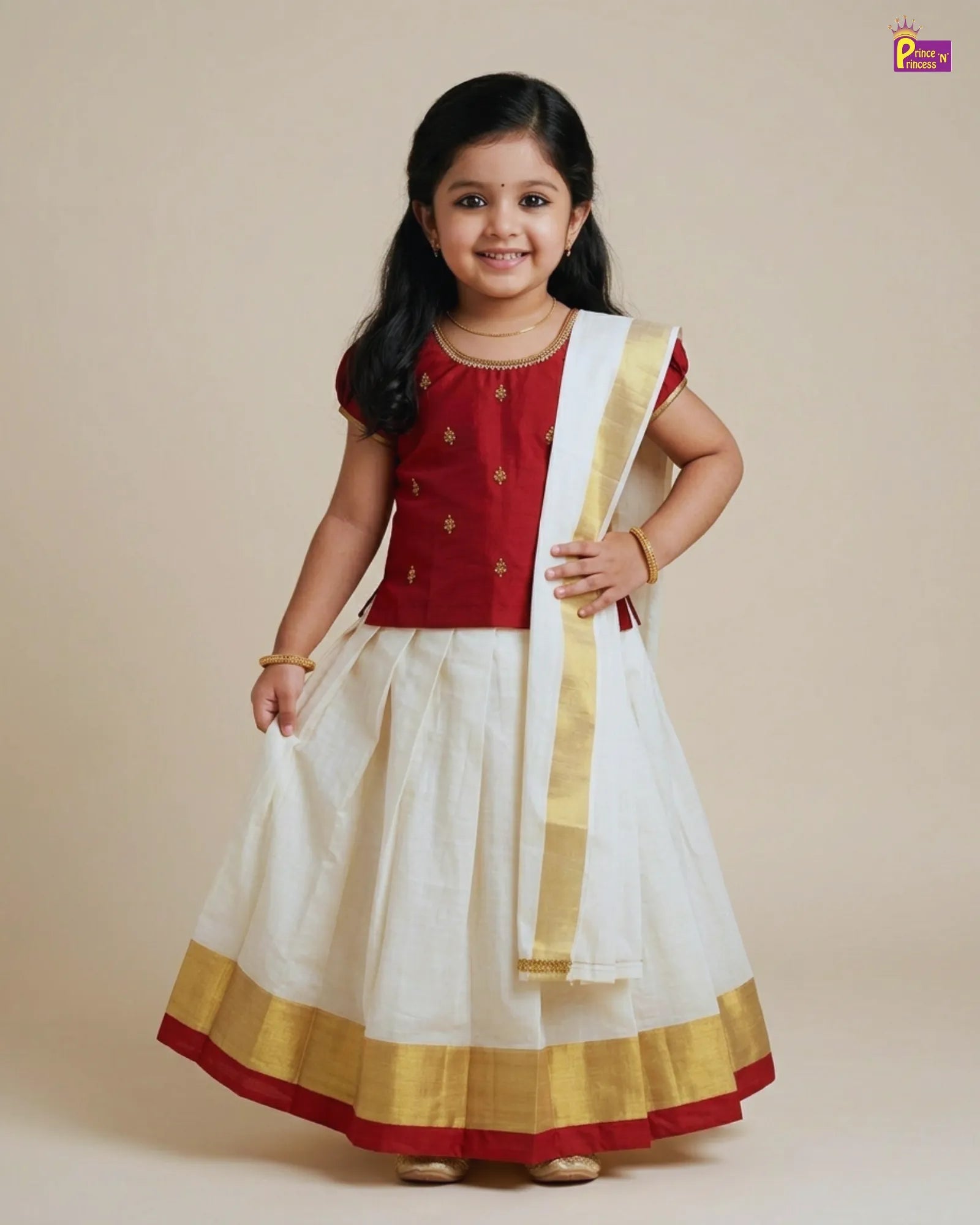 Young girl wearing a traditional red and white outfit with gold accents on a beige background