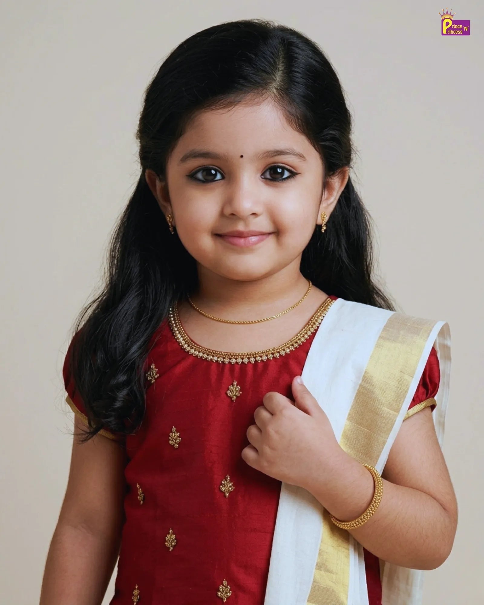 Young girl in a red and white traditional outfit holding a flower against a beige background