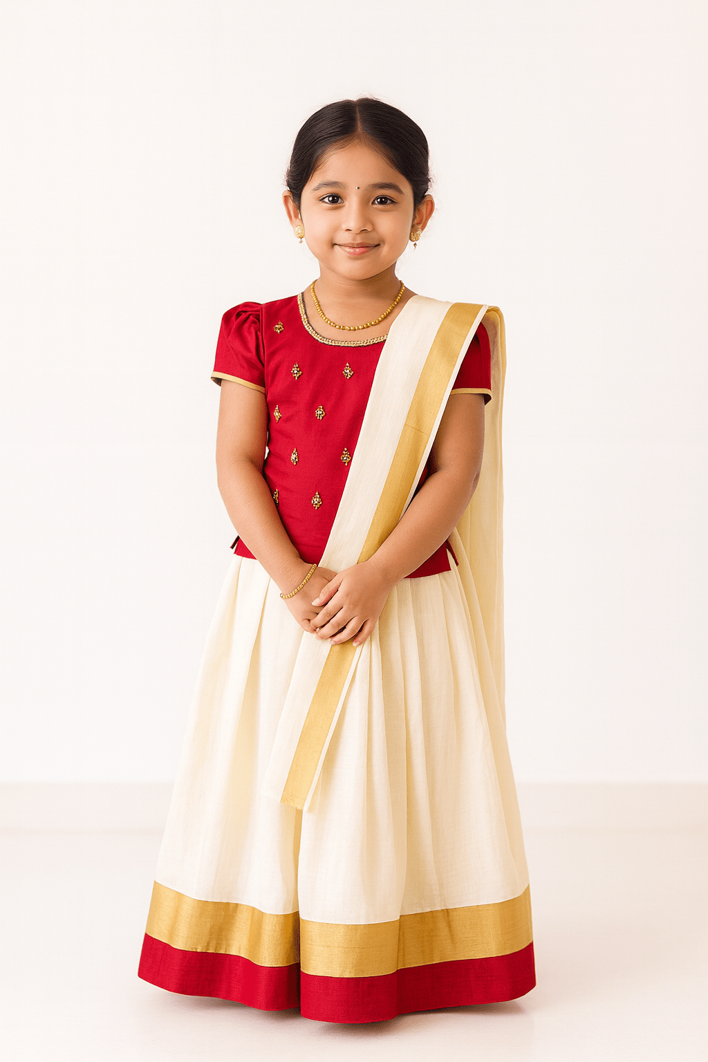 Kids Red And Half white Kerala Traditional Pattu Pavadai PPP1824 - Prince N Princess