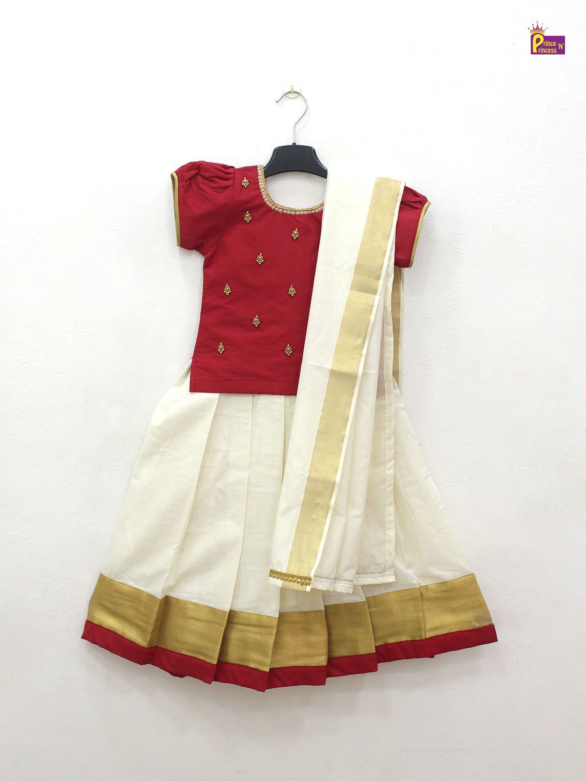 Kids Red And Half white Kerala Traditional Pattu Pavadai PPP1824 - Prince N Princess