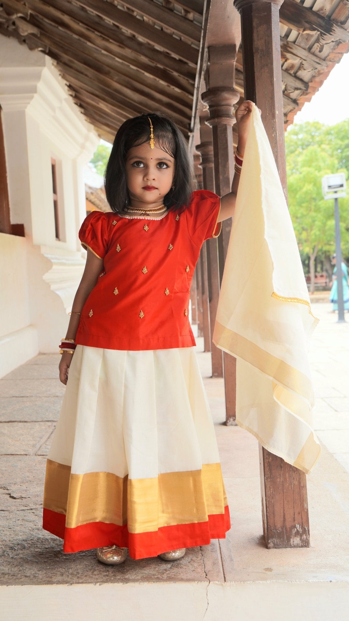 Kids Red And Half white Kerala Traditional Pattu Pavadai PPP1824 - Prince N Princess