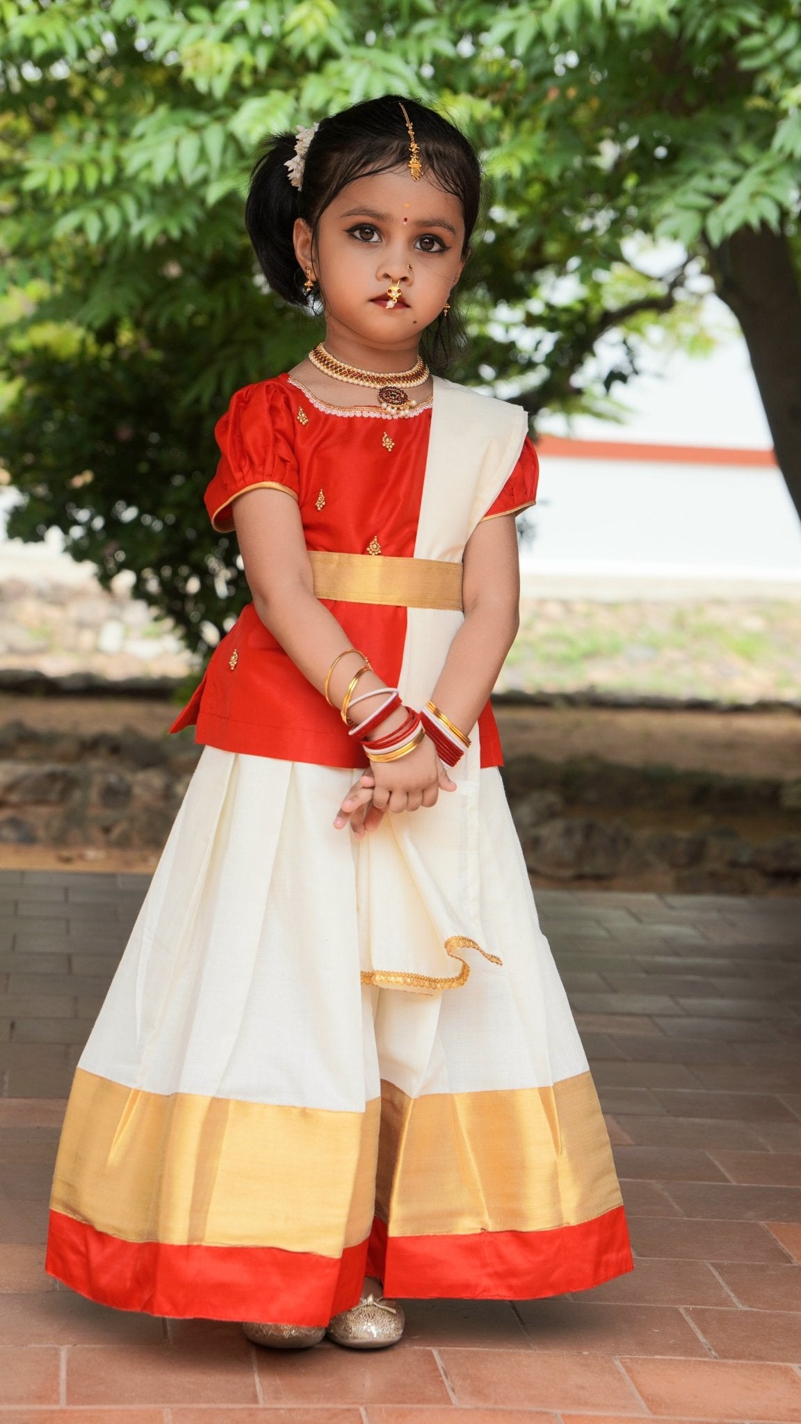 Kids Red And Half white Kerala Traditional Pattu Pavadai PPP1824 - Prince N Princess