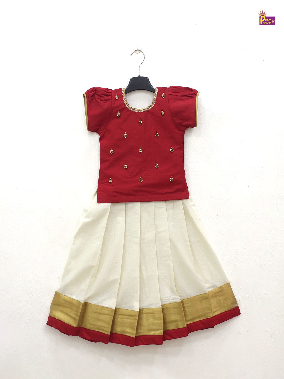 Kids Red And Half white Kerala Traditional Pattu Pavadai PPP1824 - Prince N Princess