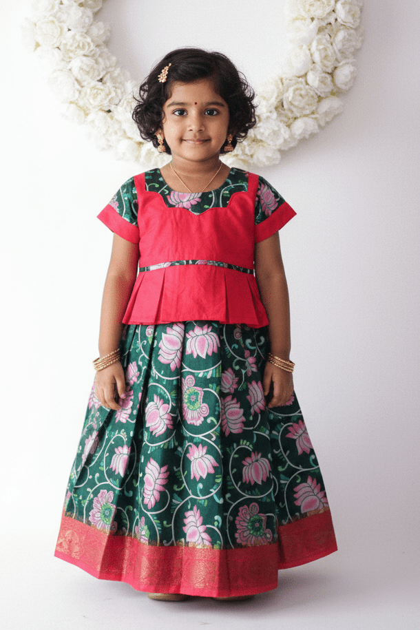 Kids Red Dark Green Festival Wear Pattu Pavadai PPP1412 - Prince N Princess