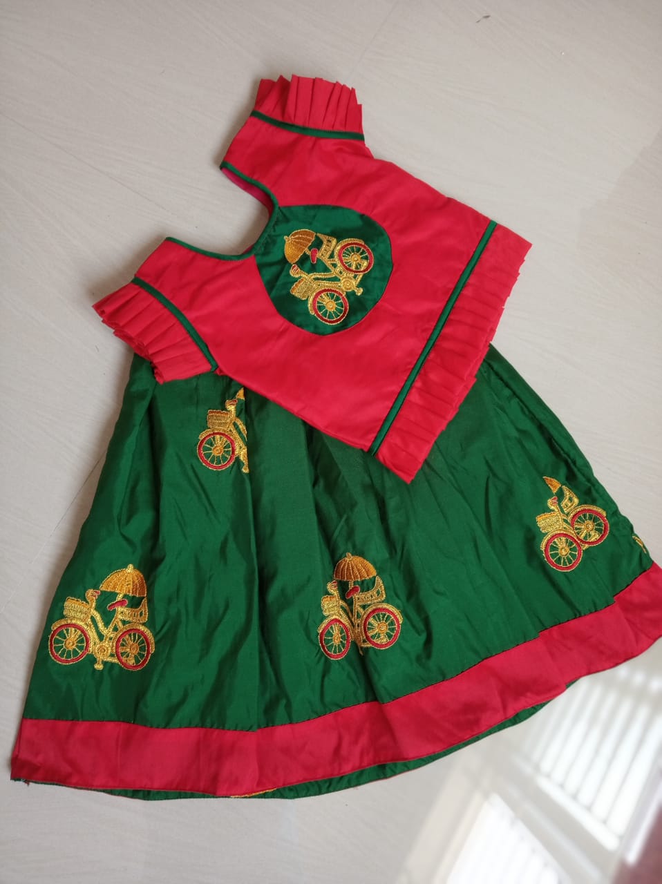 Kids Red Green Embroidery Pattu Pavadai PPP631 - Prince N Princess