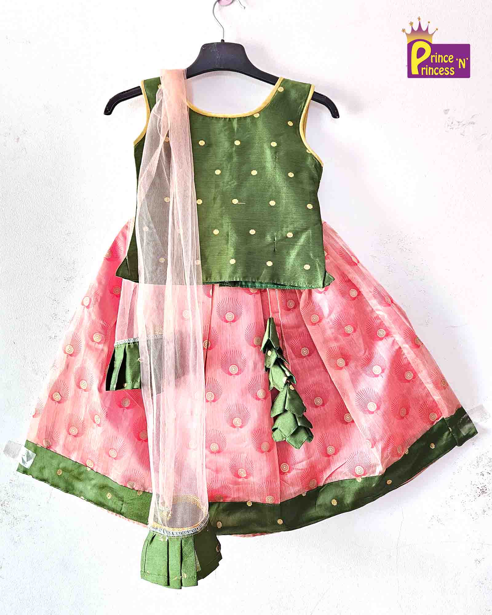 kids Red Green Raw silk Lehenga Choli with netted duppata LC212 - Prince N Princess
