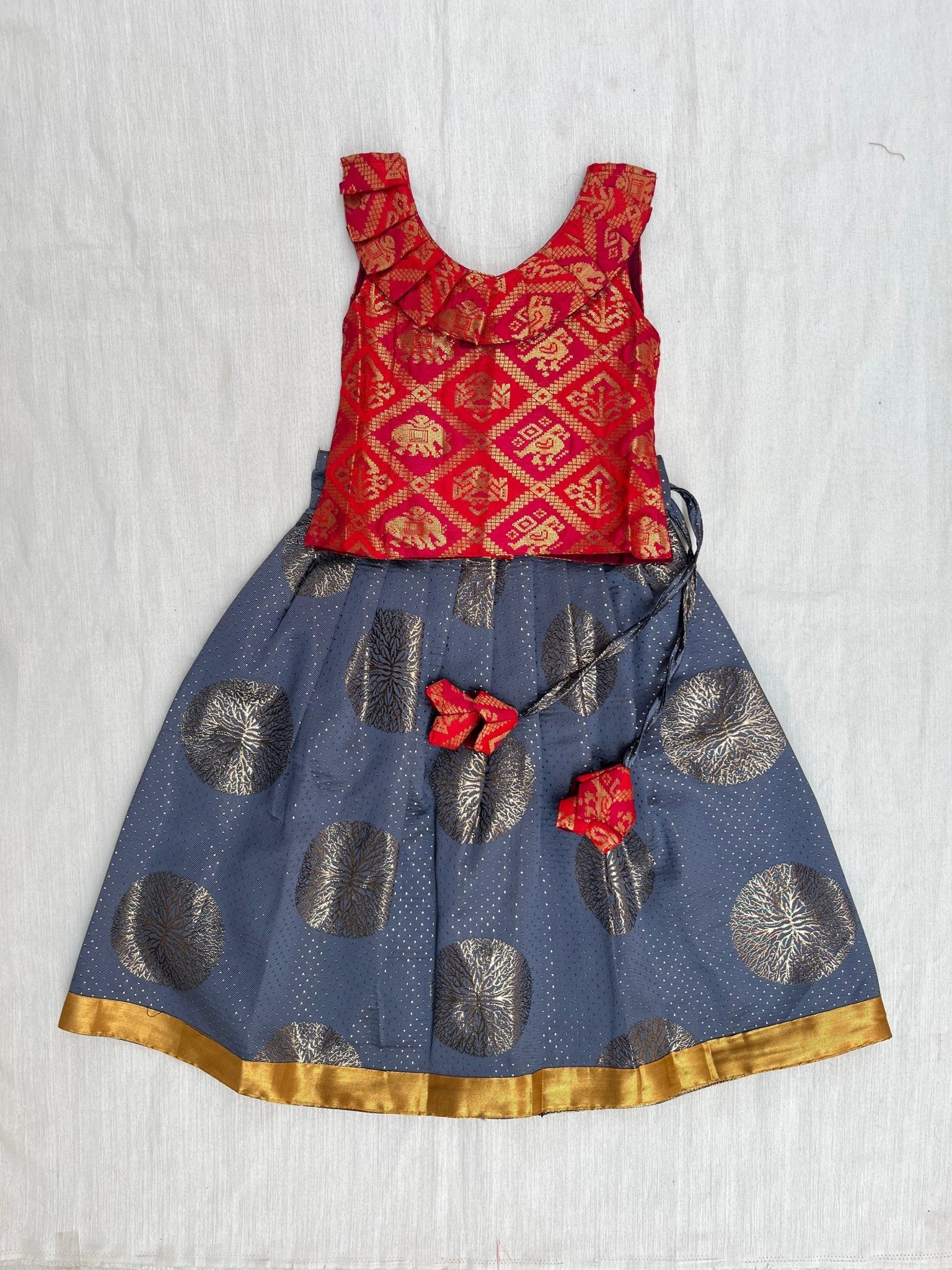 Kids Red With Grey Knot Pattu pavadai LC275 - Prince N Princess