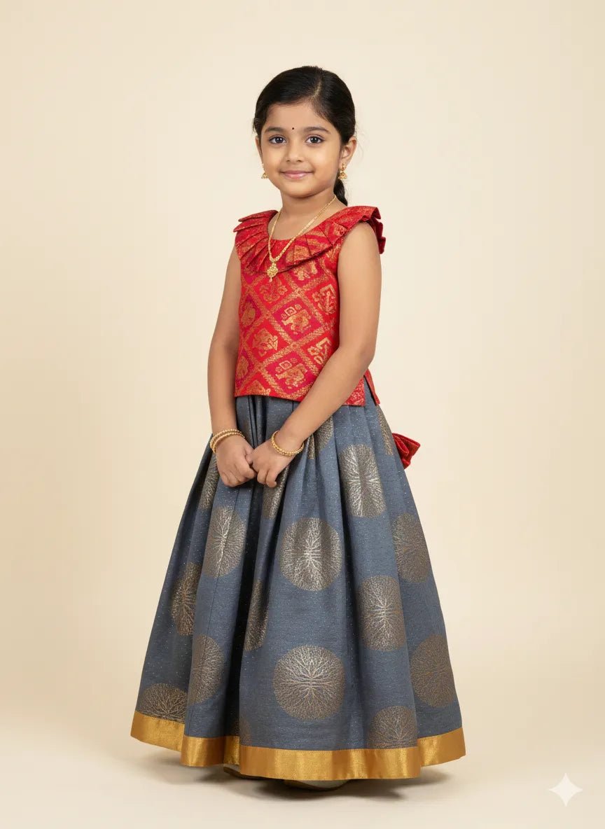 Kids Red With Grey Knot Pattu pavadai LC275 - Prince N Princess