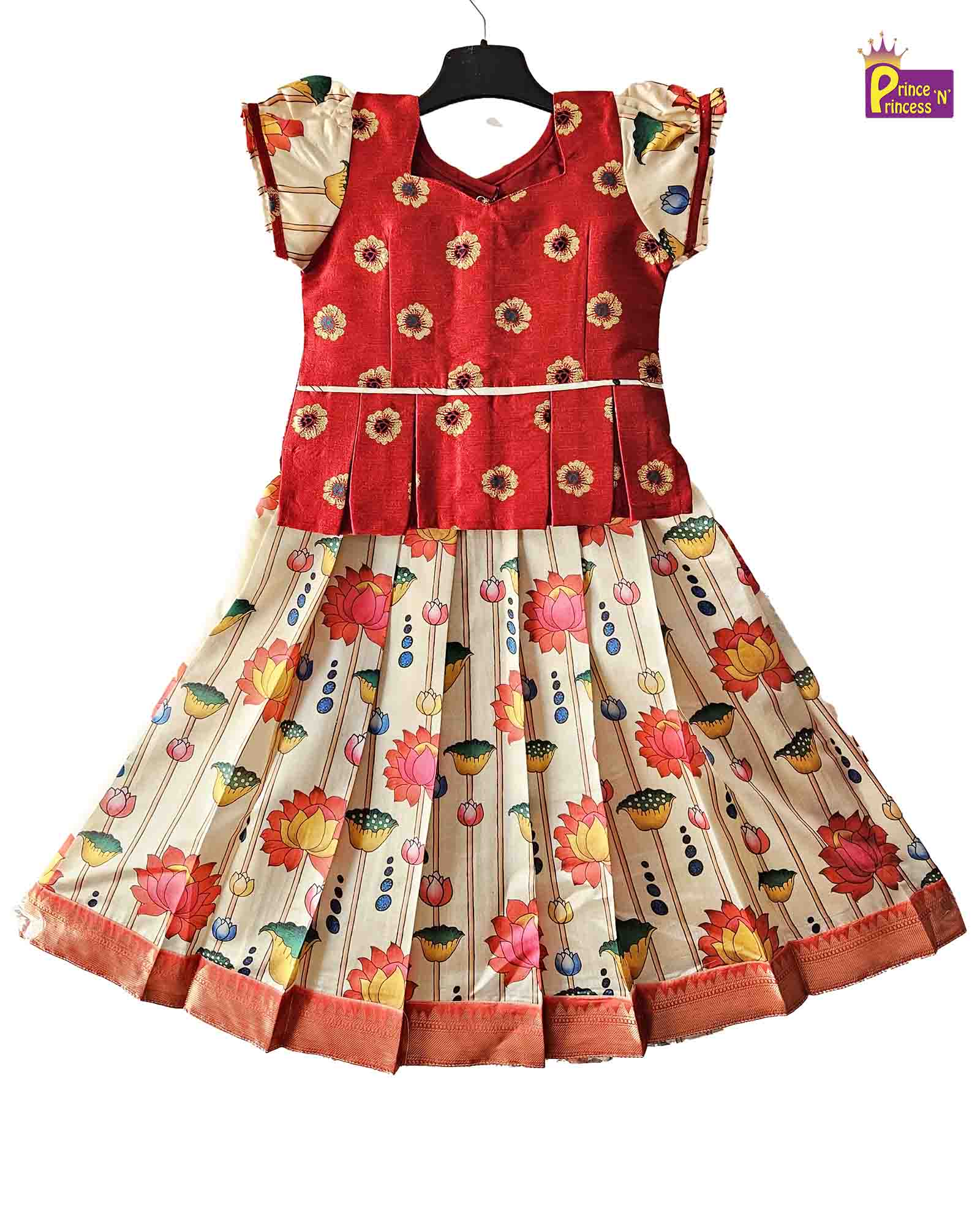 Kids Red With Half White Festival Wear Pattu Pavadai PPP1427 - Prince N Princess