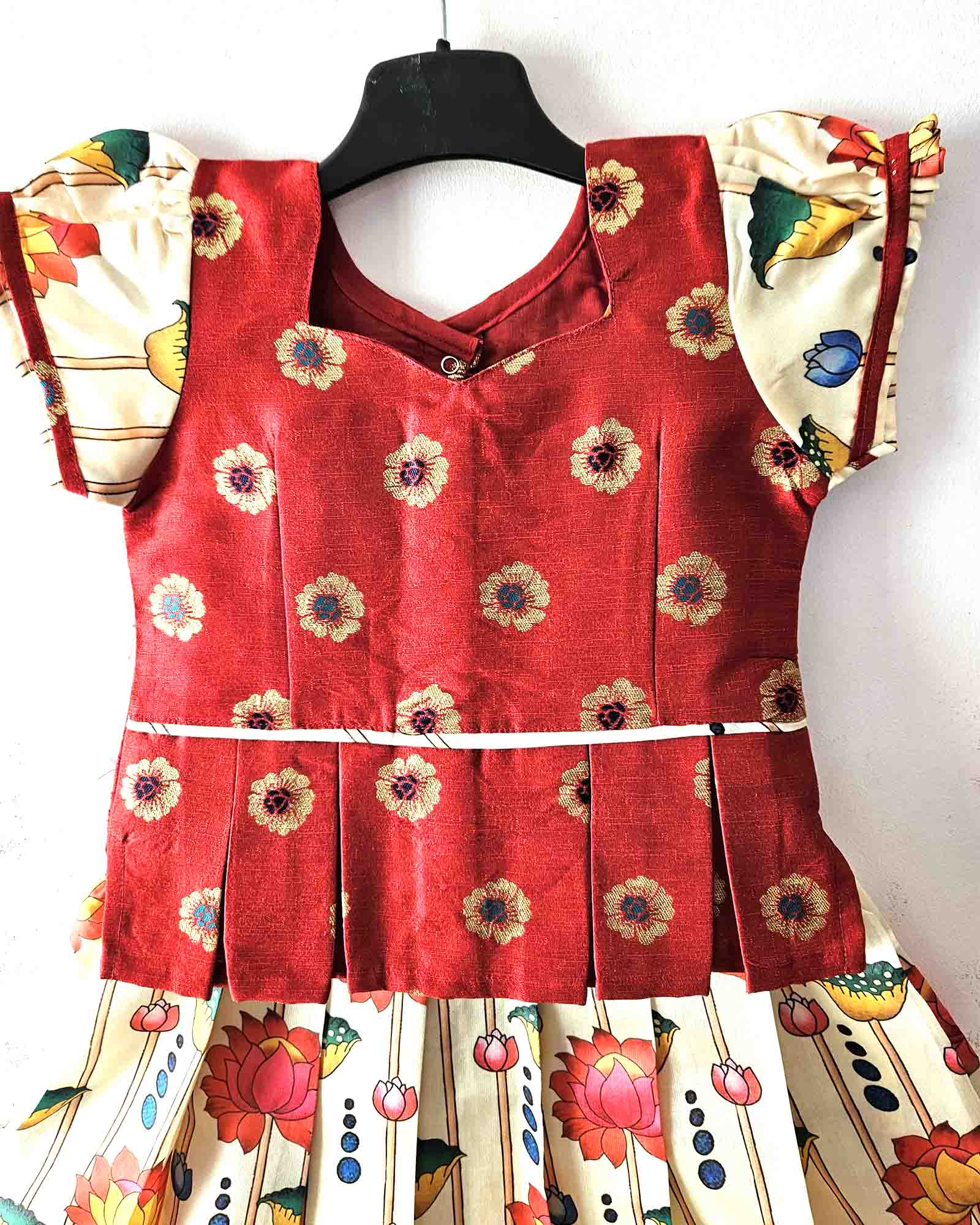 Kids Red With Half White Festival Wear Pattu Pavadai PPP1427 - Prince N Princess