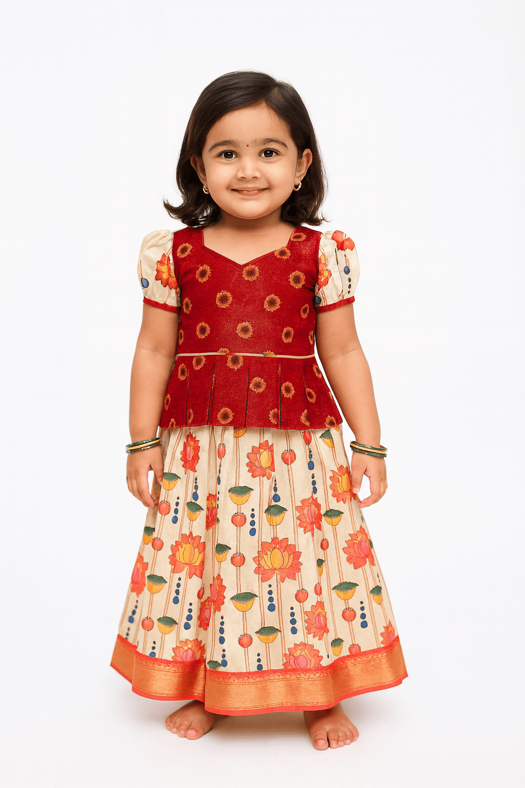 Kids Red With Half White Festival Wear Pattu Pavadai PPP1427 - Prince N Princess