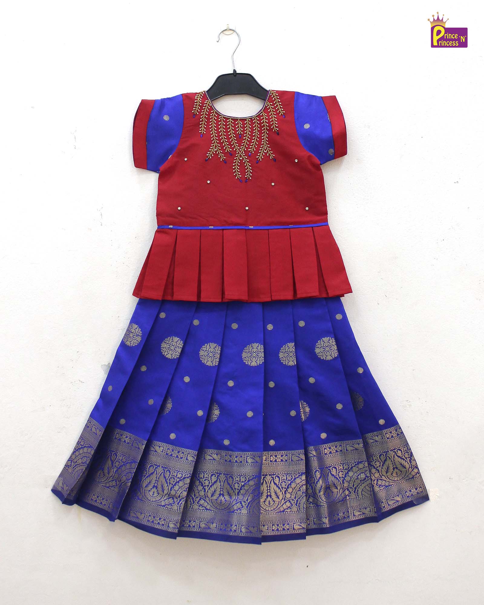 Kids Red with Pepsi Blue Traditional Aari Pattupavadai PPP1769 - Prince N Princess