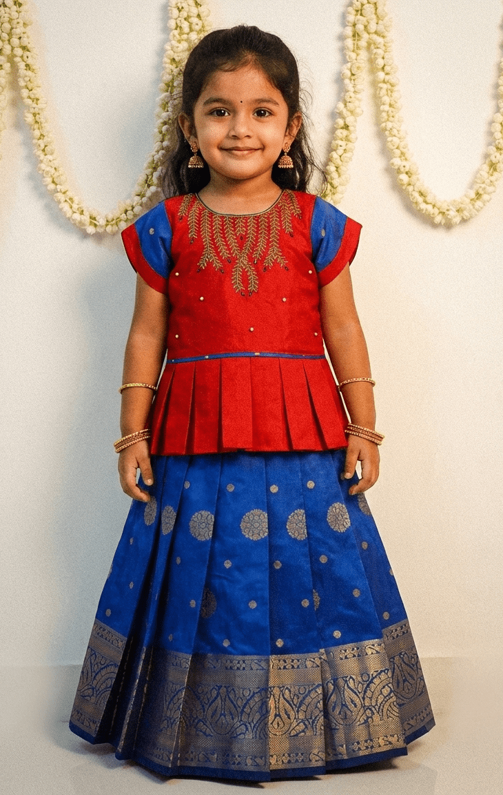 Kids Red with Pepsi Blue Traditional Aari Pattupavadai PPP1769 - Prince N Princess