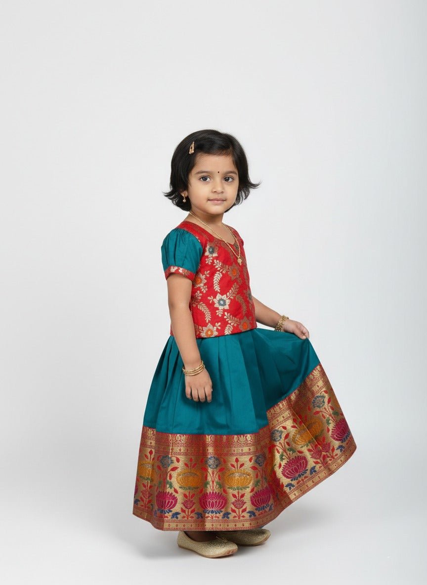 Kids Red With Rama Green Traditional Pattu Pavadai PPP1591 - Prince N Princess