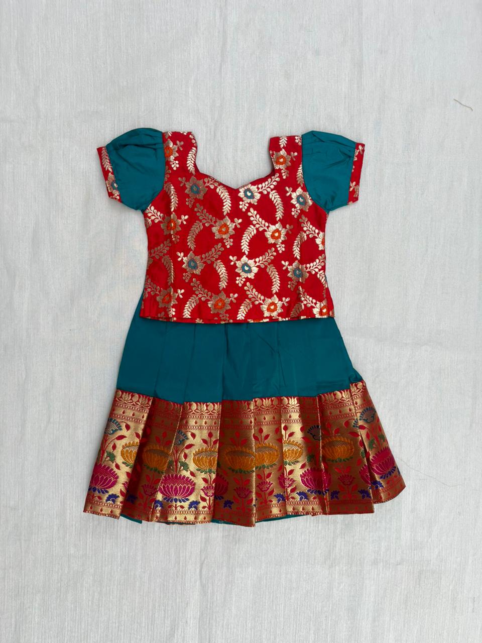 Kids Red With Rama Green Traditional Pattu Pavadai PPP1591 - Prince N Princess