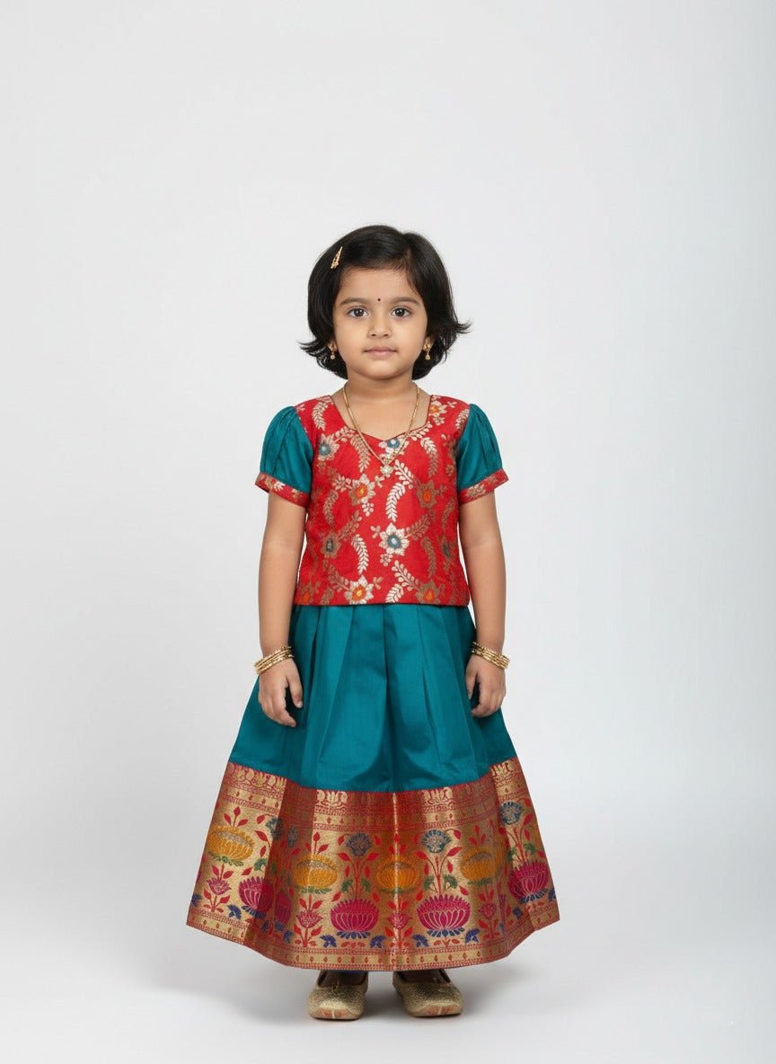 Kids Red With Rama Green Traditional Pattu Pavadai PPP1591 - Prince N Princess