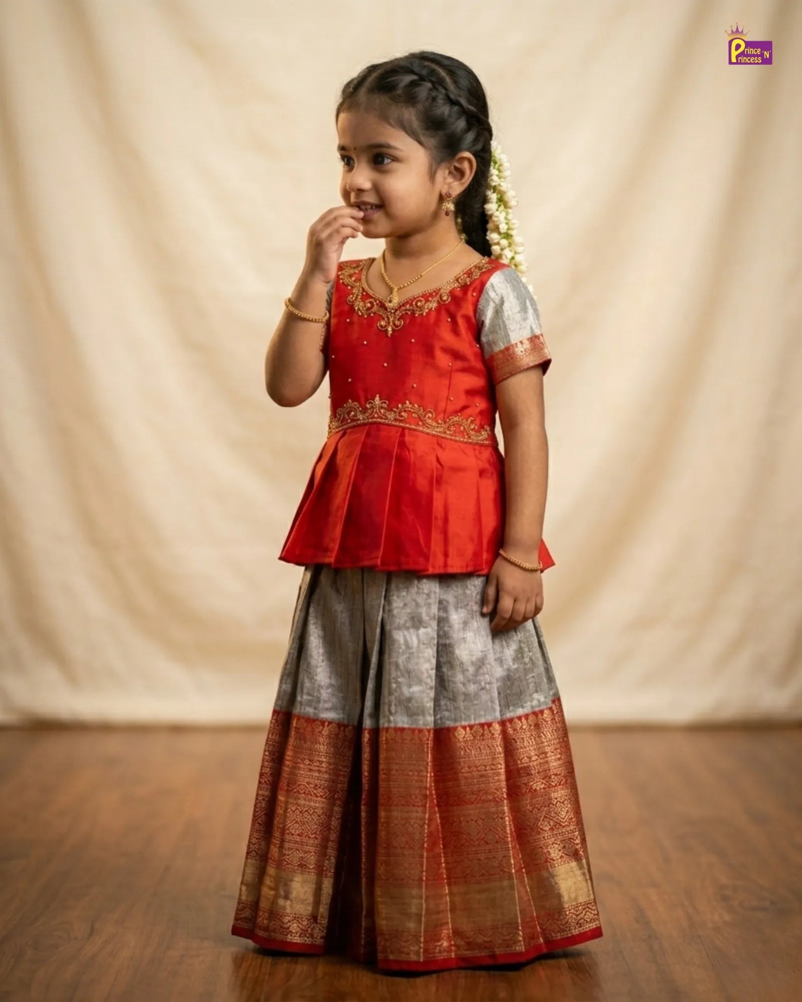 Kids Red with Silver Traditional Aari Pattupavadai PPP1735 for kids festival wear