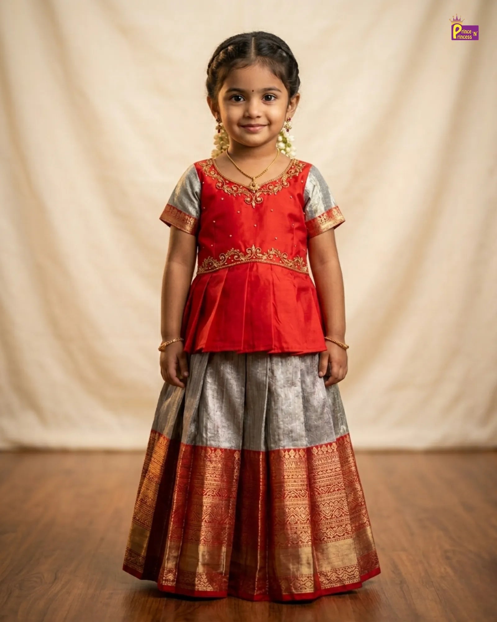 Kids Red with Silver Traditional Aari Pattupavadai PPP1735 for kids festival wear