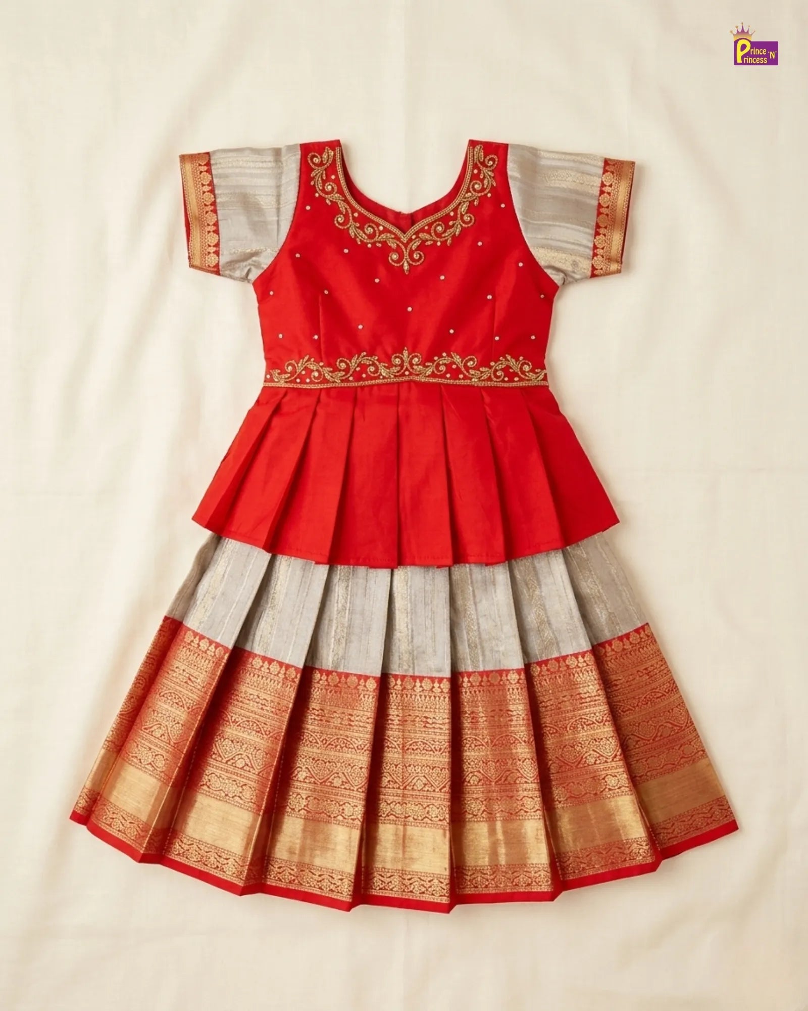 Kids Red with Silver Traditional Aari Pattupavadai PPP1735 for kids festival wear