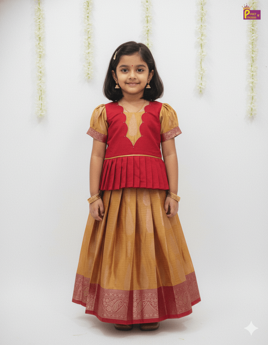 Kids Red with yellowish Orange Traditional Pattupavadai PPP1688 - Prince N Princess