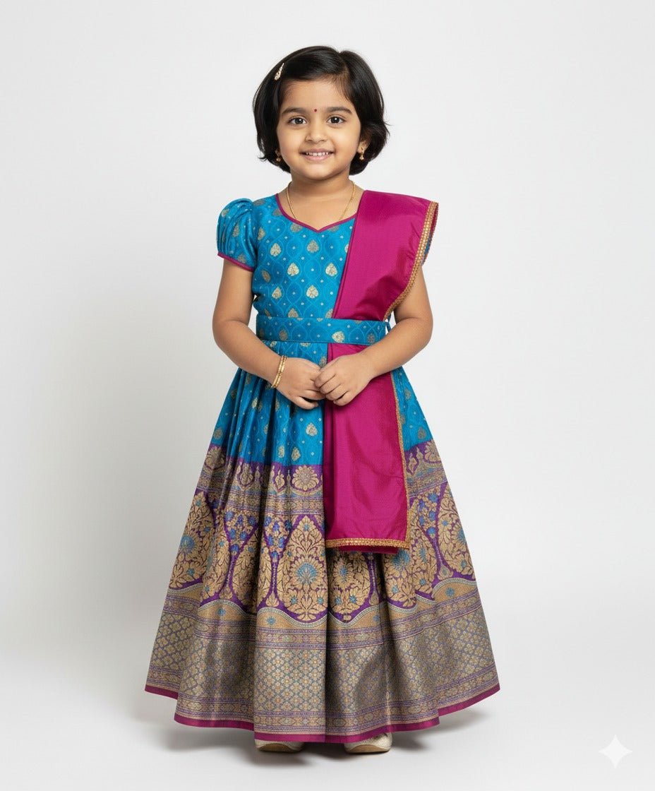 Kids Royal Blue with Purple Ethnic Gown with Hipbelt PG574 - Prince N Princess