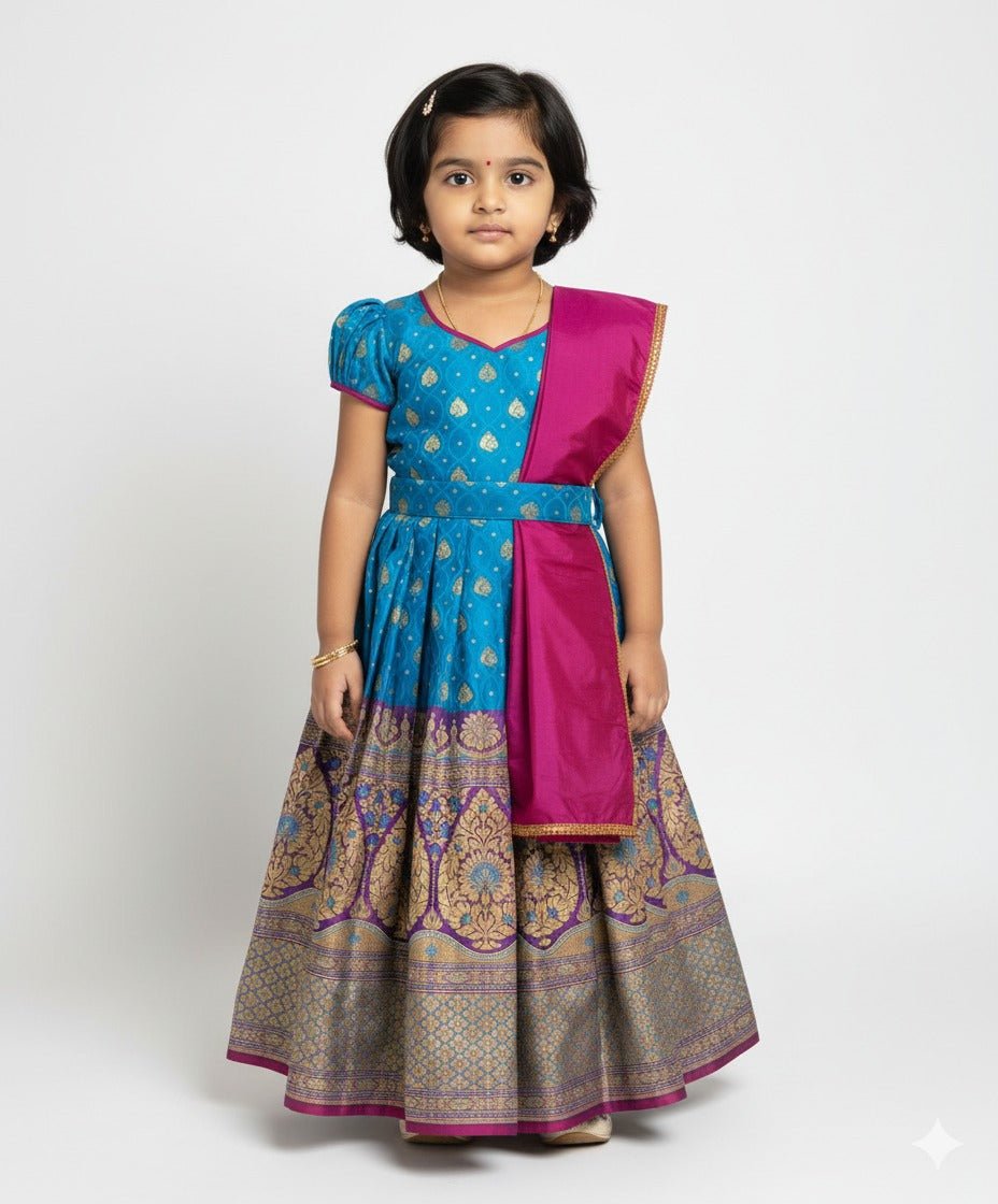 Kids Royal Blue with Purple Ethnic Gown with Hipbelt PG574 - Prince N Princess