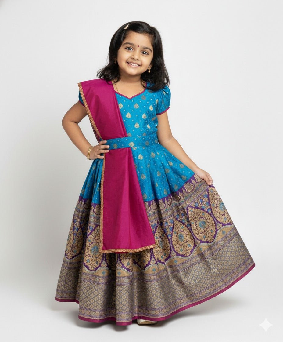 Kids Royal Blue with Purple Ethnic Gown with Hipbelt PG574 - Prince N Princess
