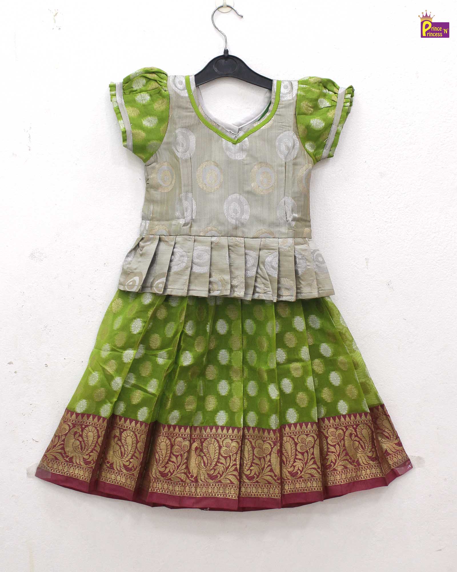 Kids Silver with green Traditional Pattu Pavadai PPP1081 - Prince N Princess