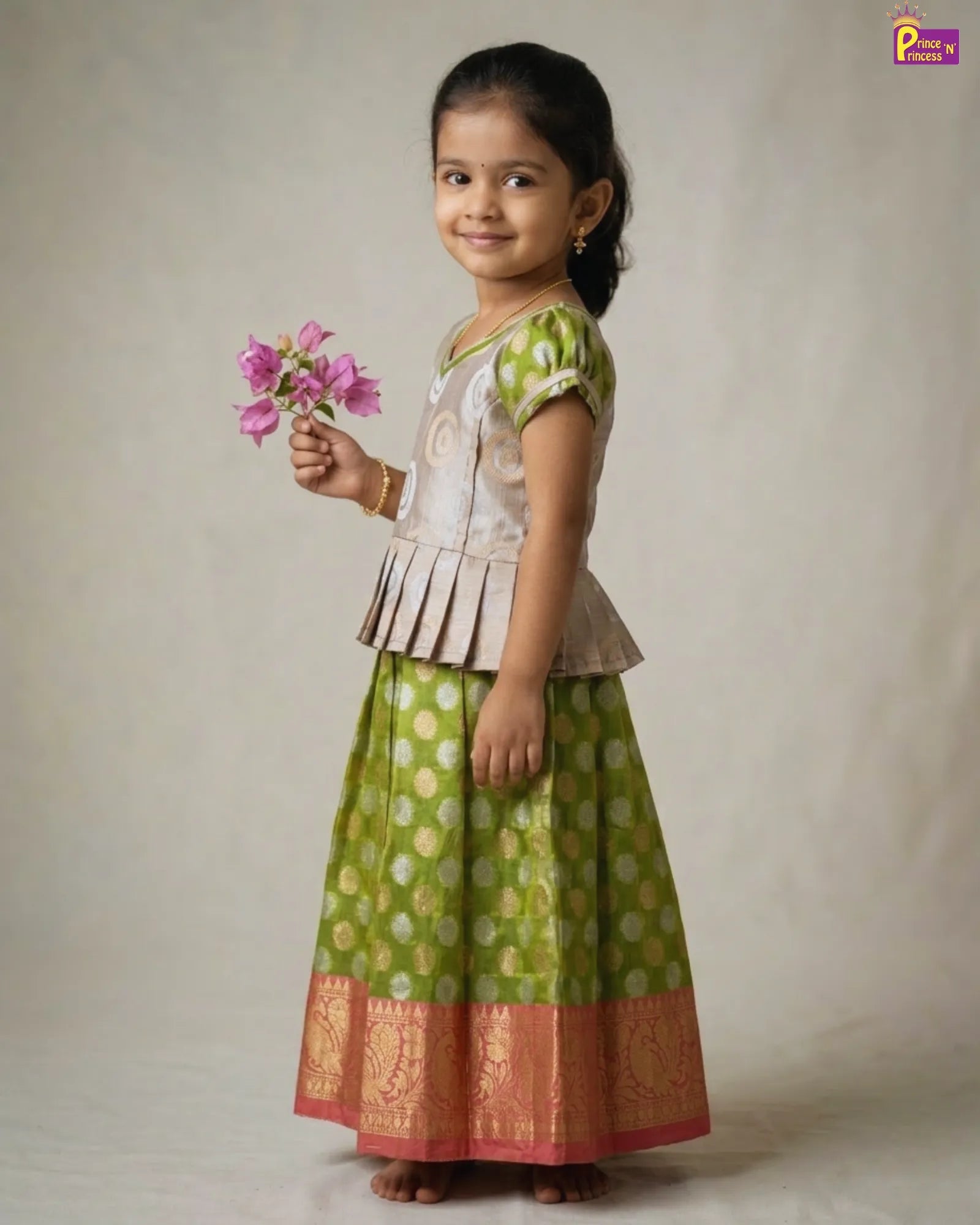 Kids Silver with green Traditional Pattu Pavadai PPP1081 - Prince N Princess