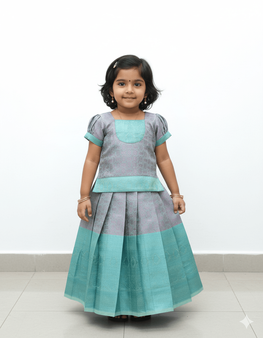Kids Sky Blue copper Traditional Pattupavadai PPP1570 - Prince N Princess