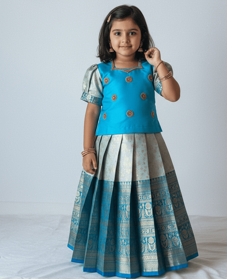 Kids Sky Blue Traditional Aari Work Pattupavadai PPP1939 - Prince N Princess