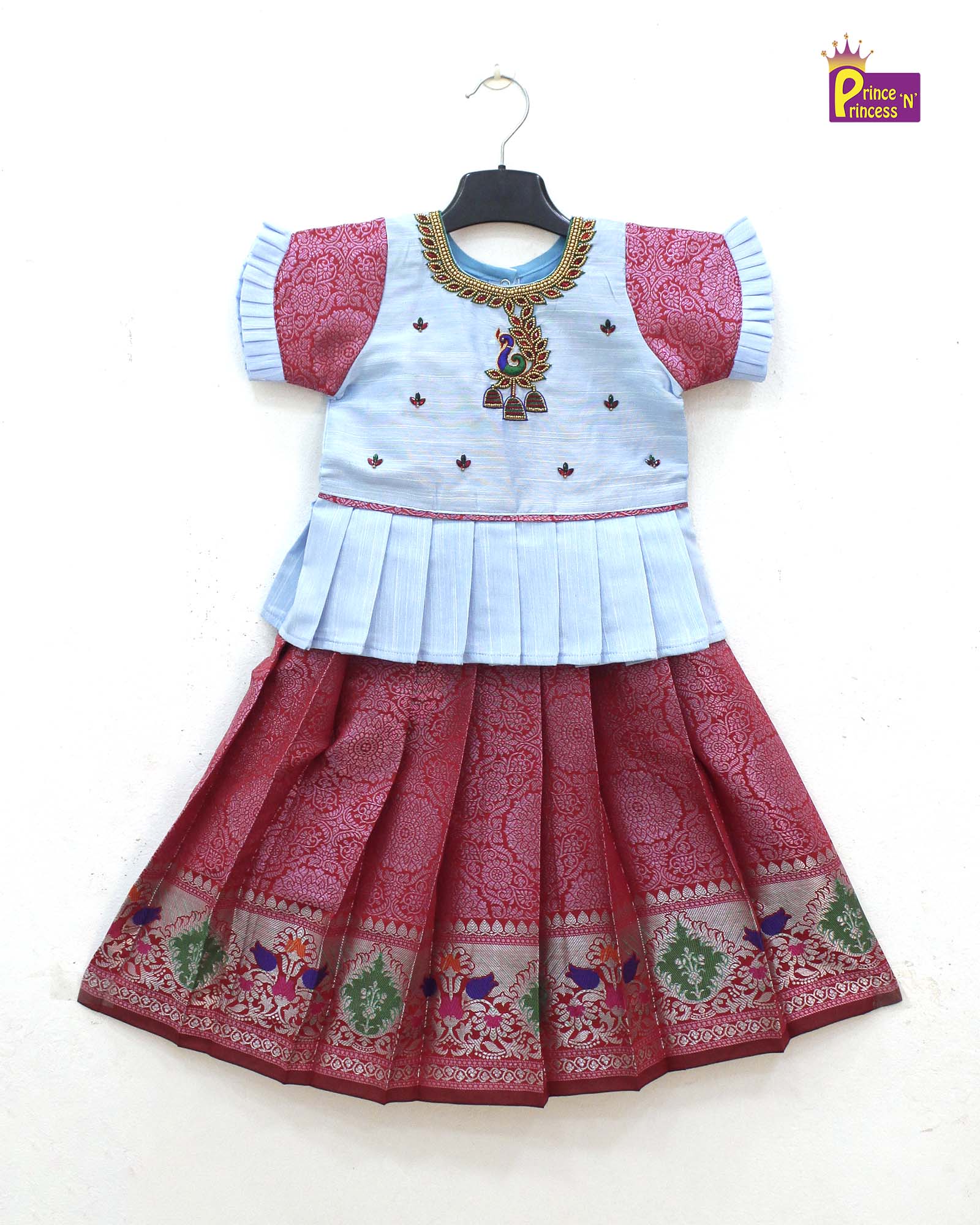 peacock aari work pattu pavadai sky blue pink designer sleeve princenprincess